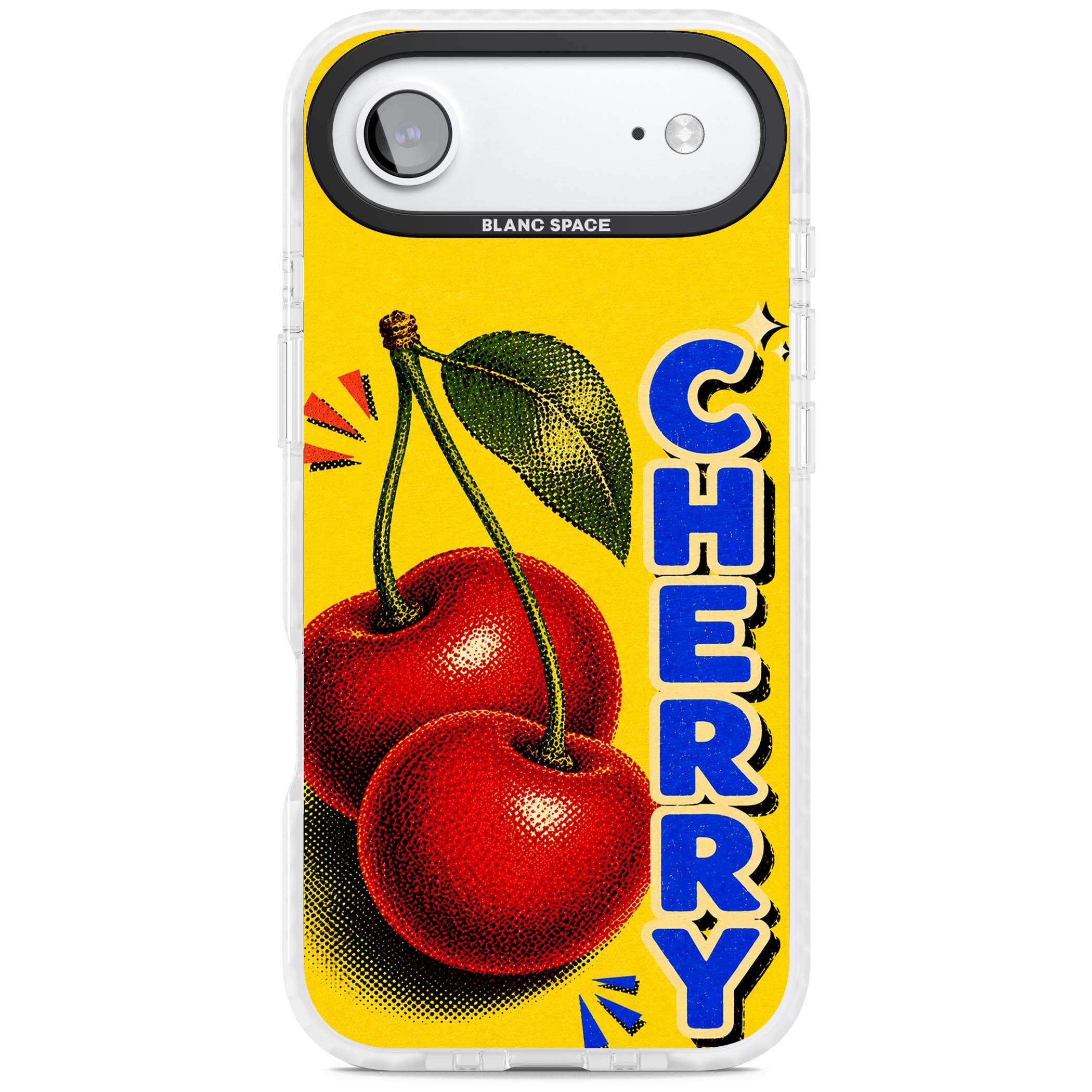 Cherry Yellow y2k iPhone case featuring two red cherries, halftone shading and bold blue CHERRY lettering on yellow | Black Impact case for iPhone Air