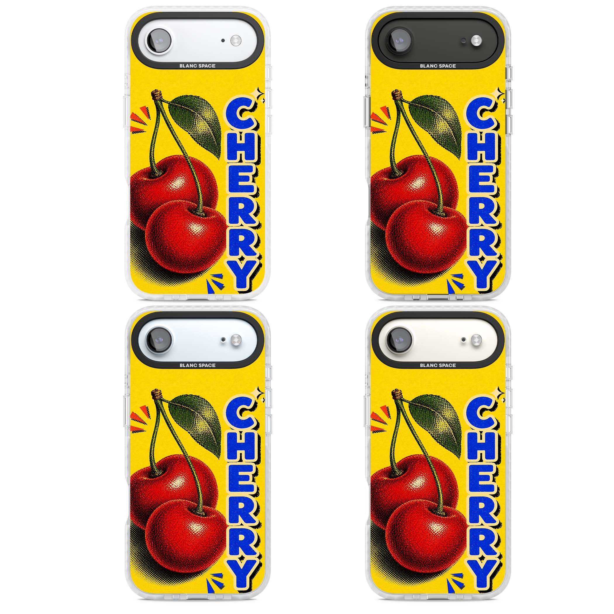 Cherry Yellow y2k iPhone case featuring two red cherries, halftone shading and bold blue CHERRY lettering on yellow | Black Impact case for iPhone Air
