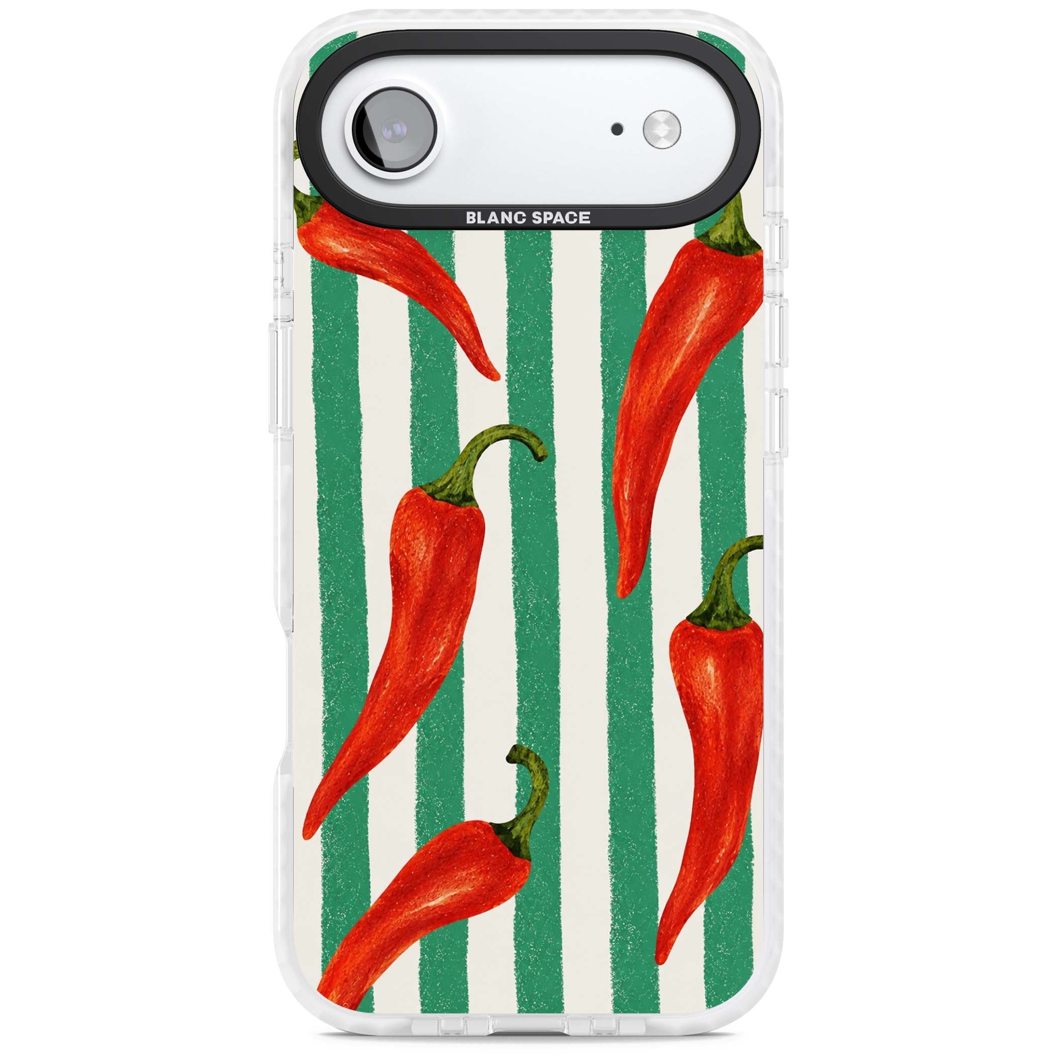 Striped Chillis coastal iPhone case featuring hand-painted red chili peppers on green and cream stripes | Black Impact case for iPhone Air
