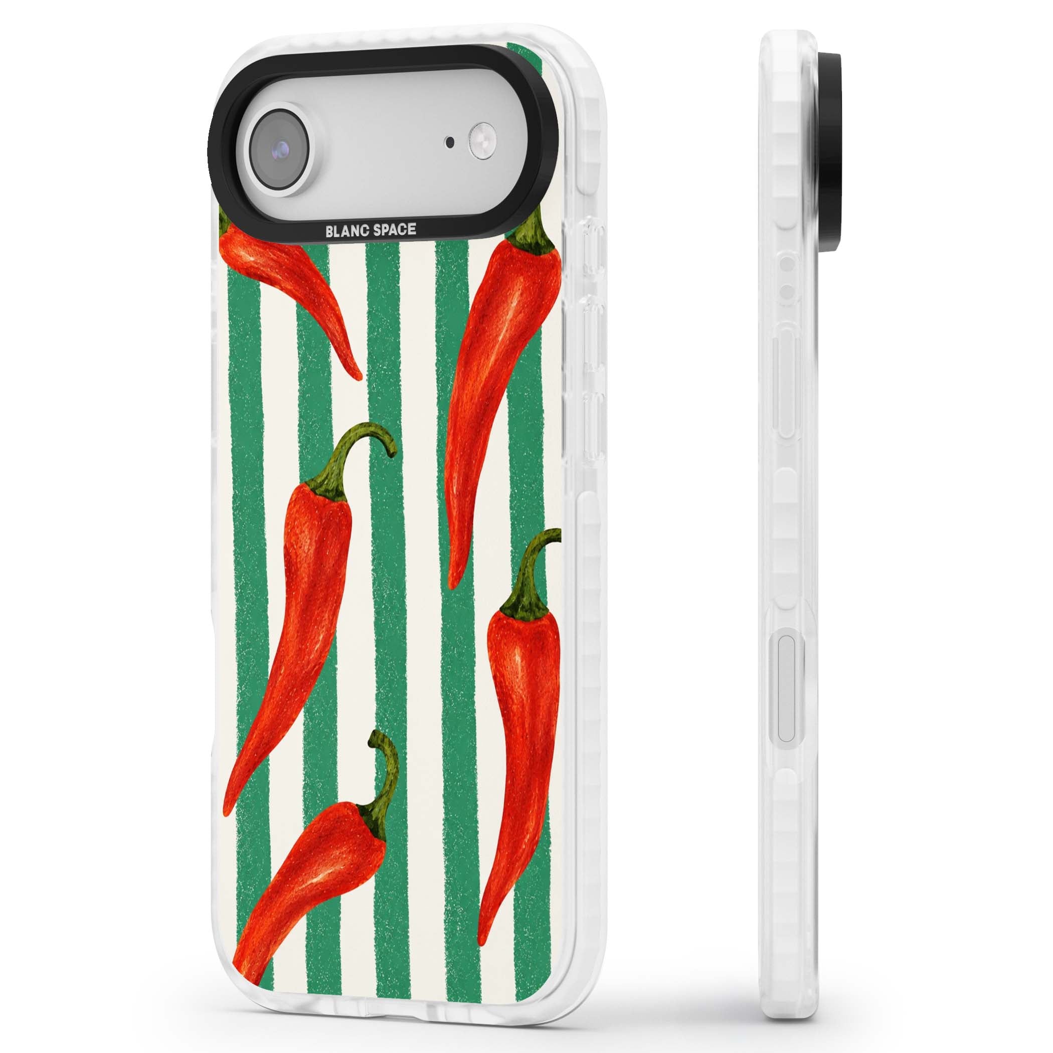 Striped Chillis coastal iPhone case featuring hand-painted red chili peppers on green and cream stripes | Black Impact case for iPhone Air