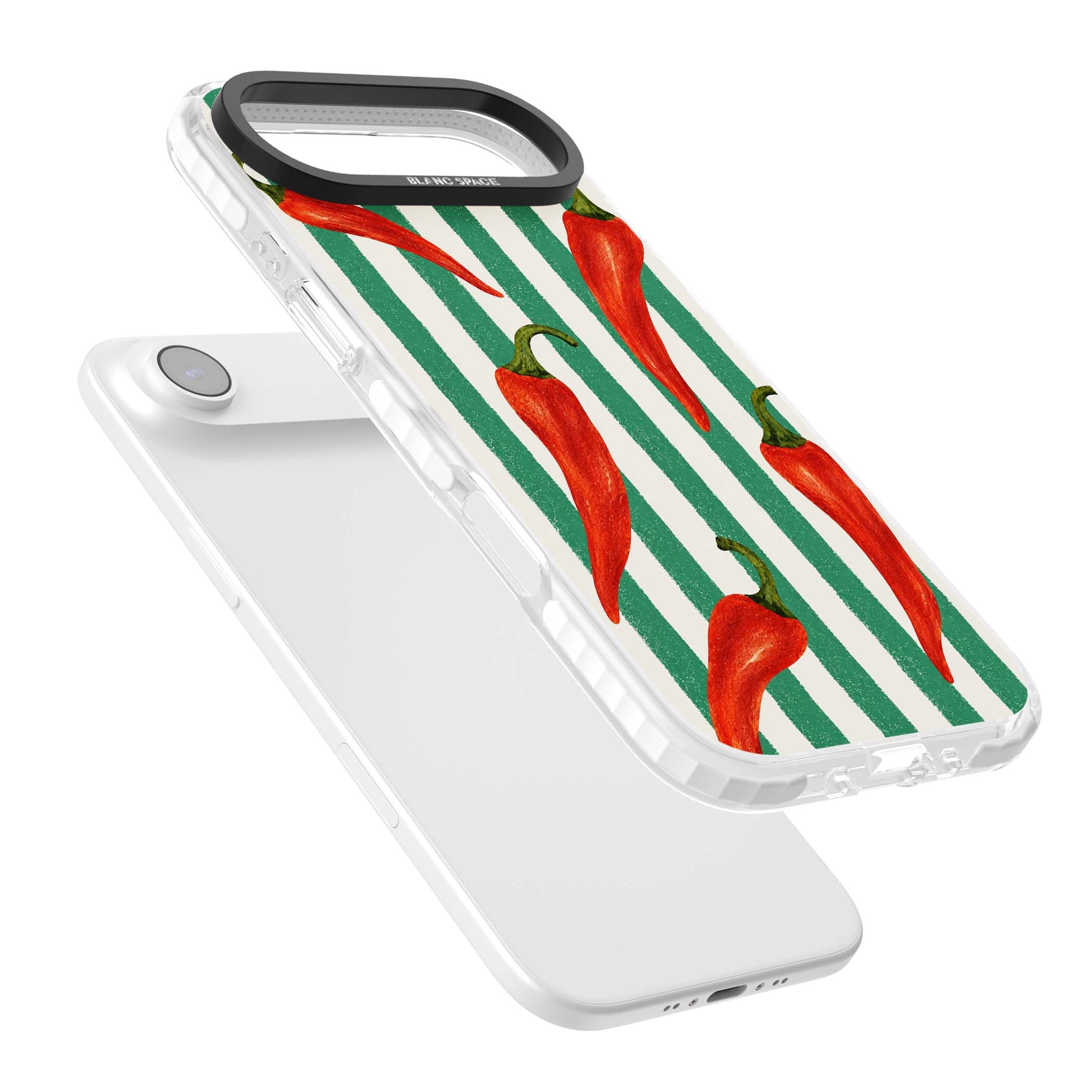 Striped Chillis coastal iPhone case featuring hand-painted red chili peppers on green and cream stripes | Black Impact case for iPhone Air