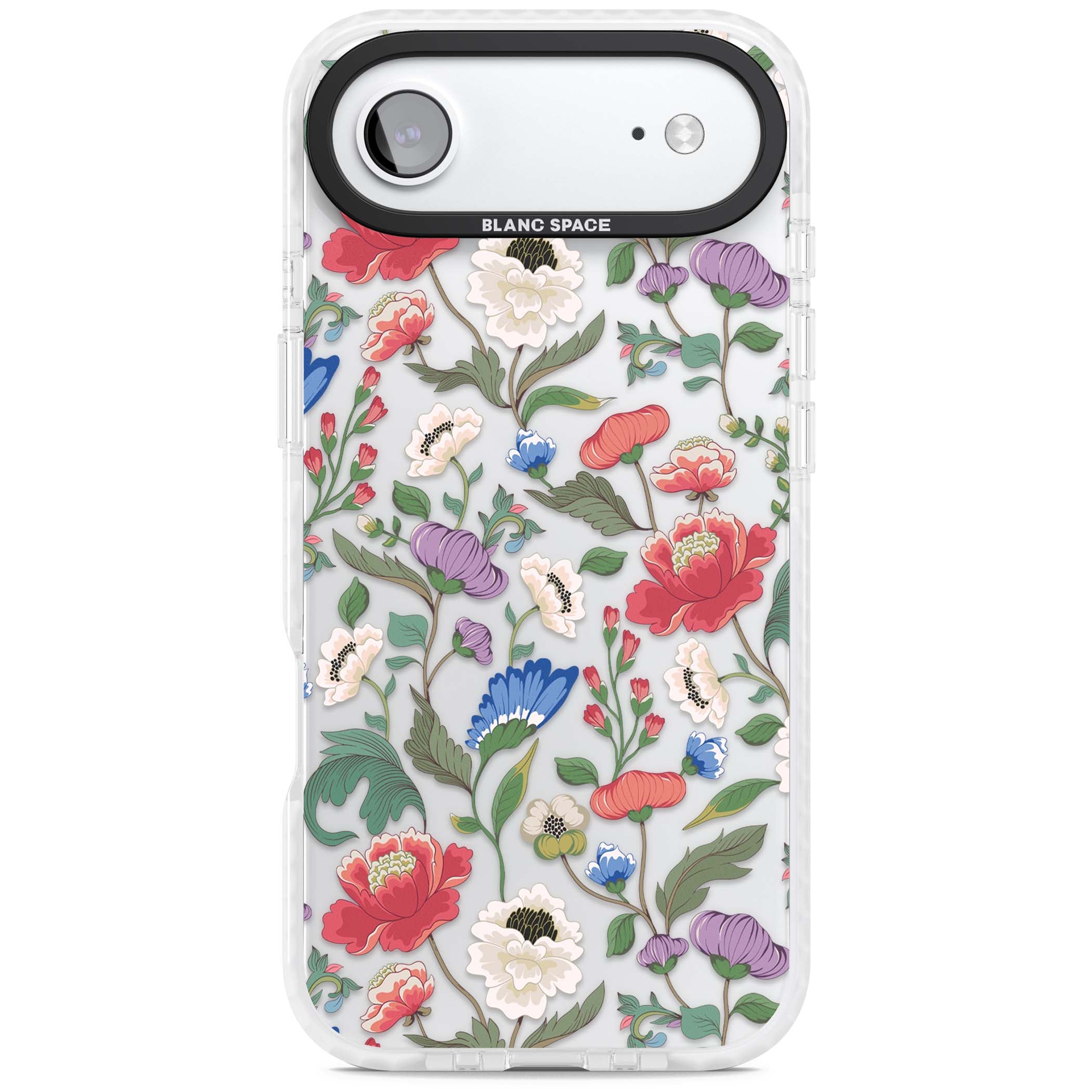 Chinoiserie Bloom vintage floral iPhone case featuring hand-painted peonies, poppies and trailing wildflowers on clear... | Black Impact case for iPhone Air