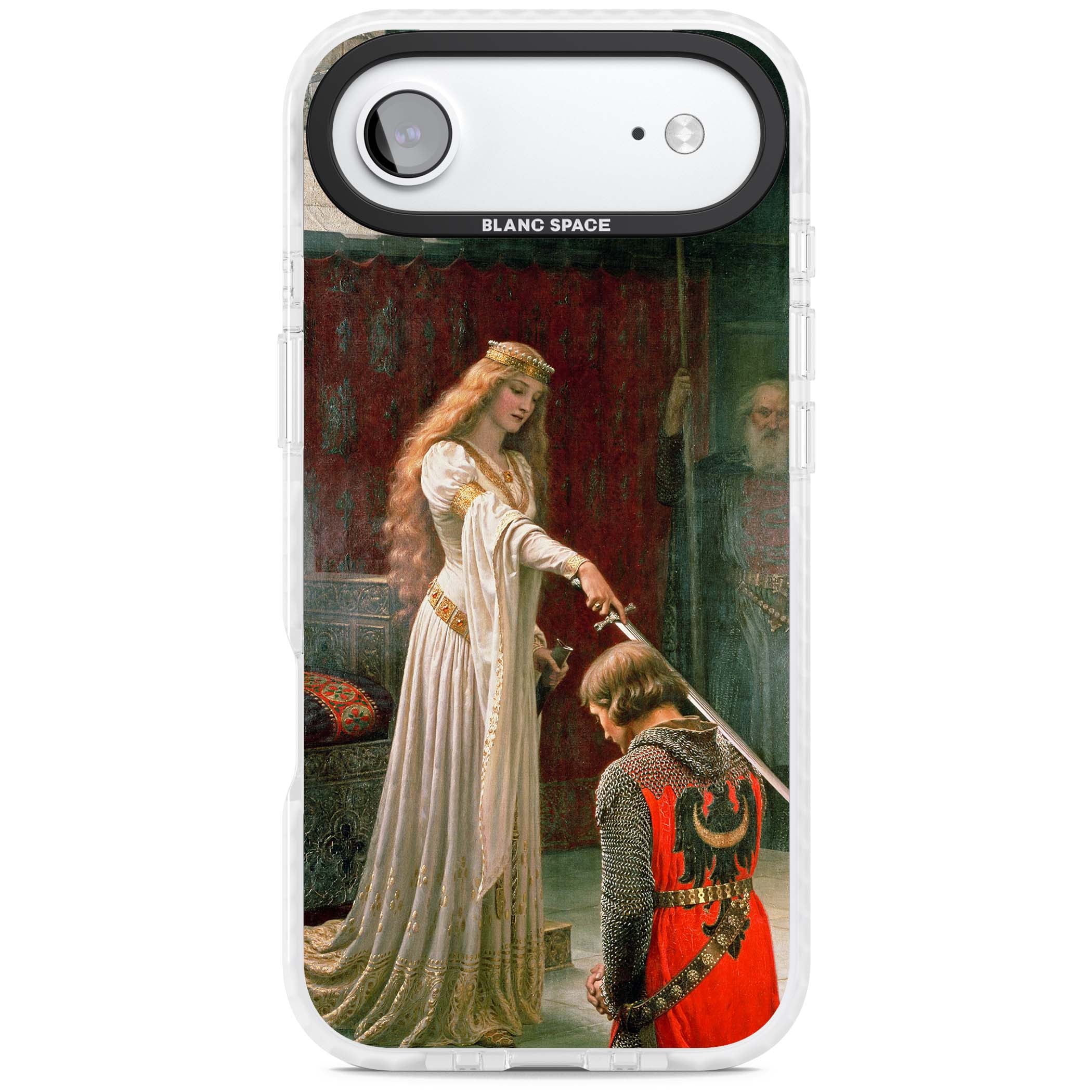 The Accolade renaissance art iPhone case featuring Edmund Blair Leighton's painting of a queen knighting a kneeling knight | Black Impact case for iPhone Air