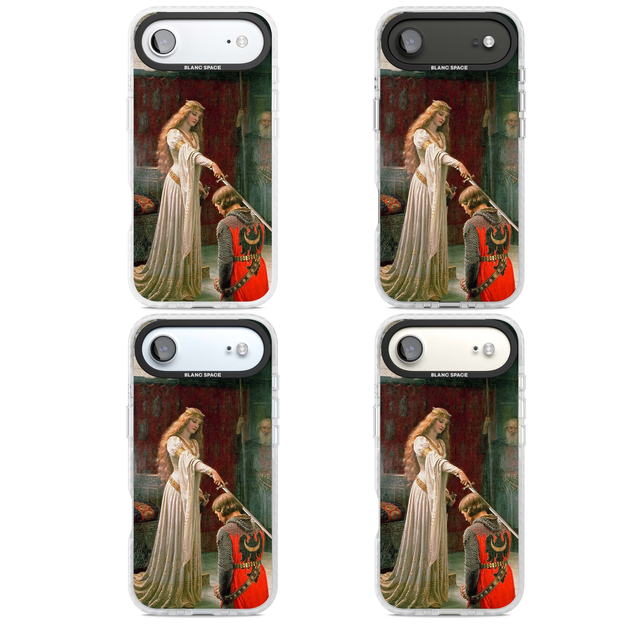 The Accolade renaissance art iPhone case featuring Edmund Blair Leighton's painting of a queen knighting a kneeling knight | Black Impact case for iPhone Air