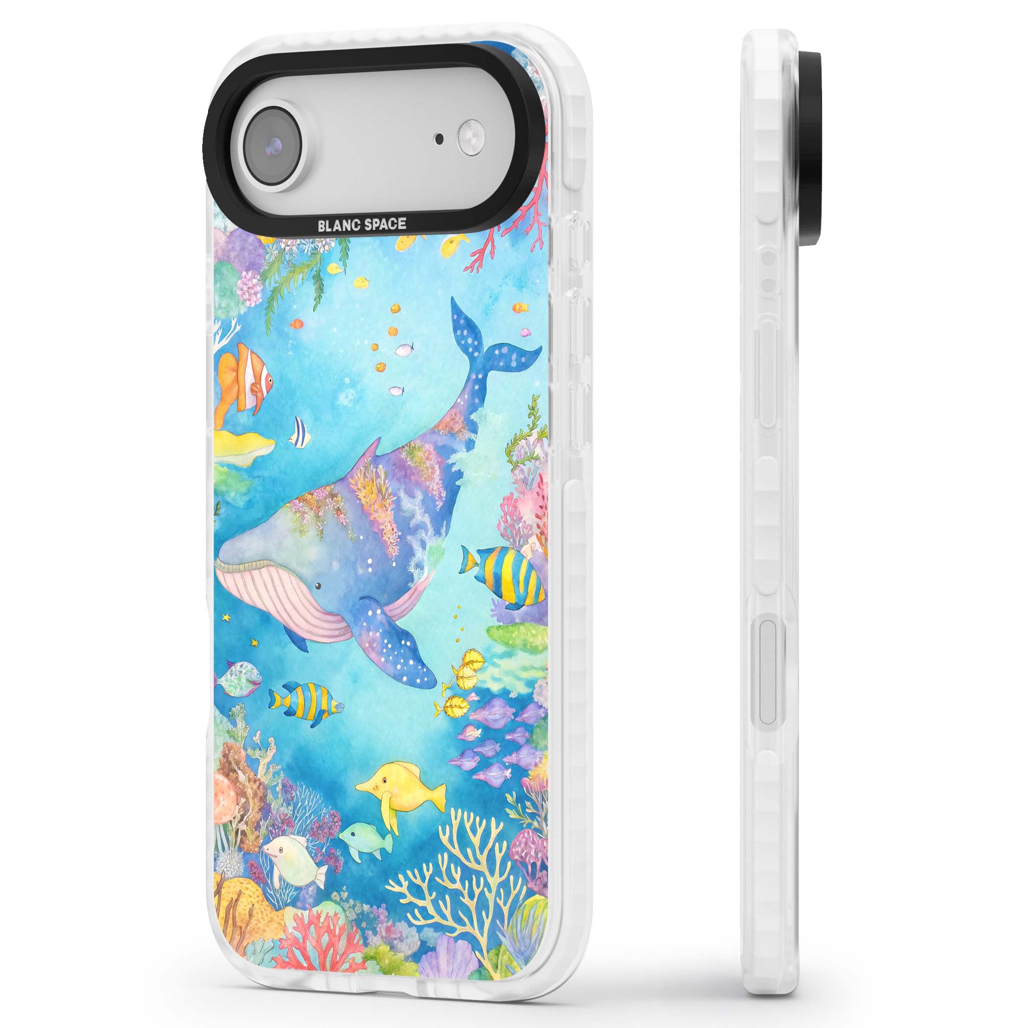 Coral Lagoon ocean iPhone case featuring a watercolour whale, coral reef and tropical fish | Black Impact case for iPhone Air