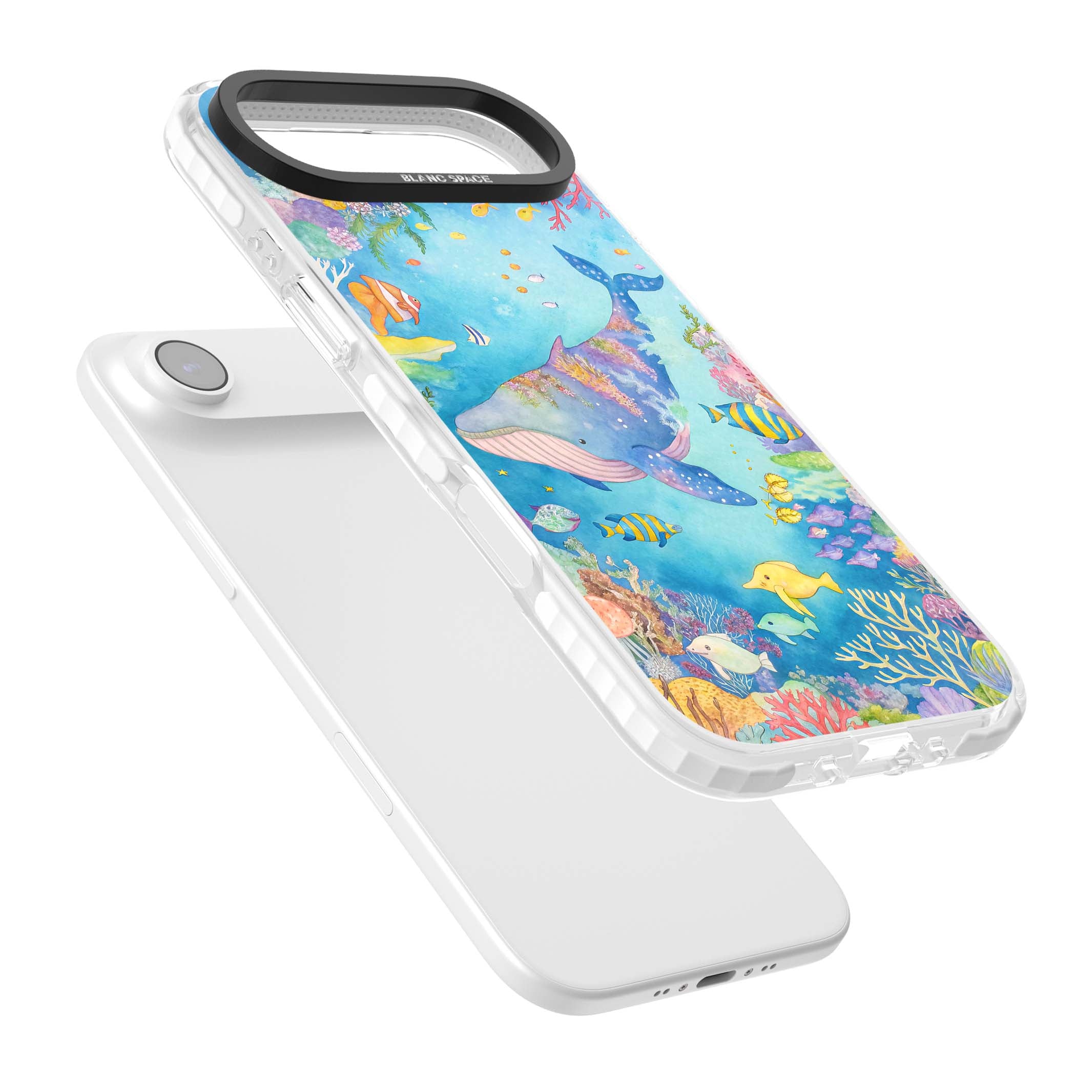 Coral Lagoon ocean iPhone case featuring a watercolour whale, coral reef and tropical fish | Black Impact case for iPhone Air