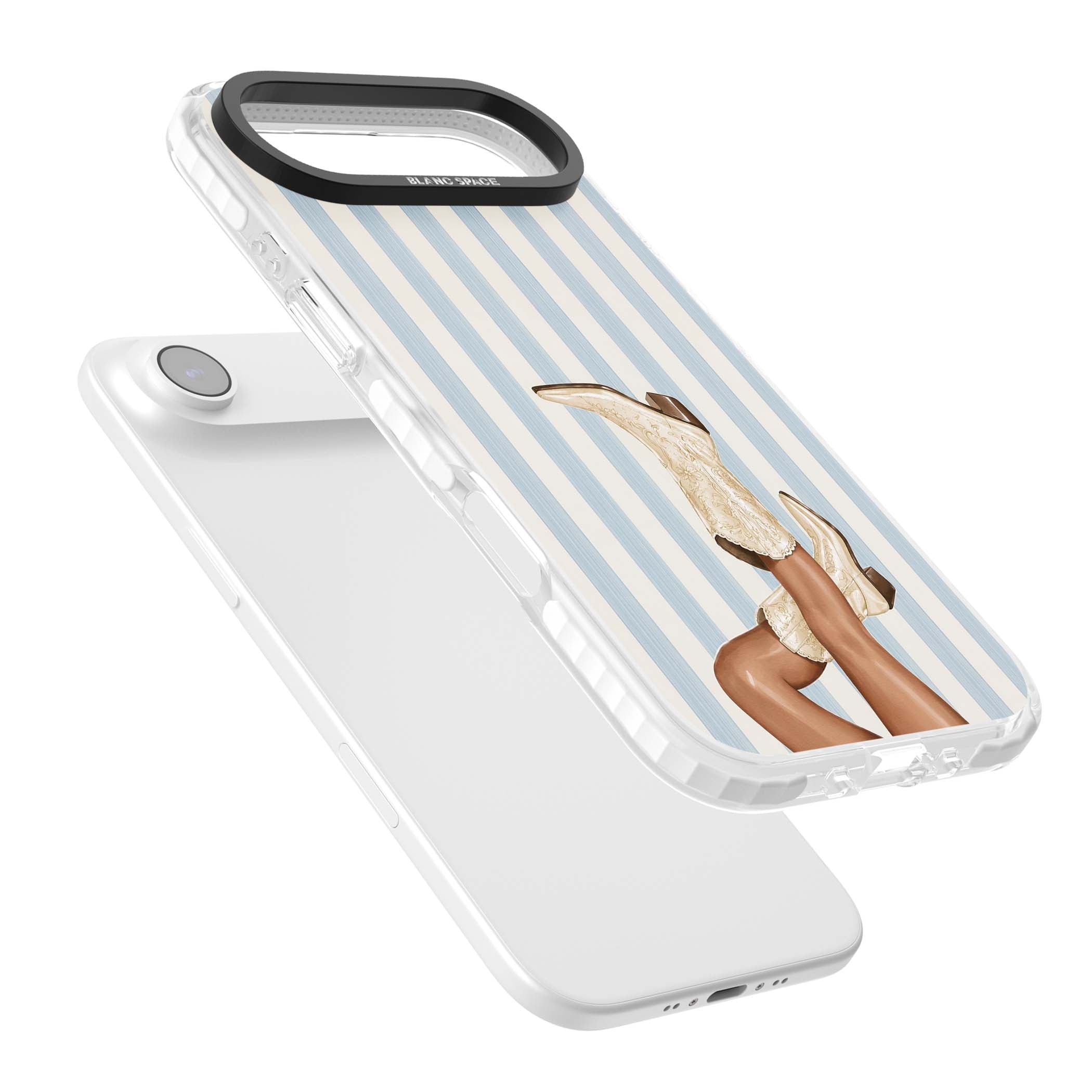 Cowgirl Boots coastal cowgirl iPhone case featuring embroidered western boots, tanned legs and a blue stripe backdrop | Black Impact case for iPhone Air