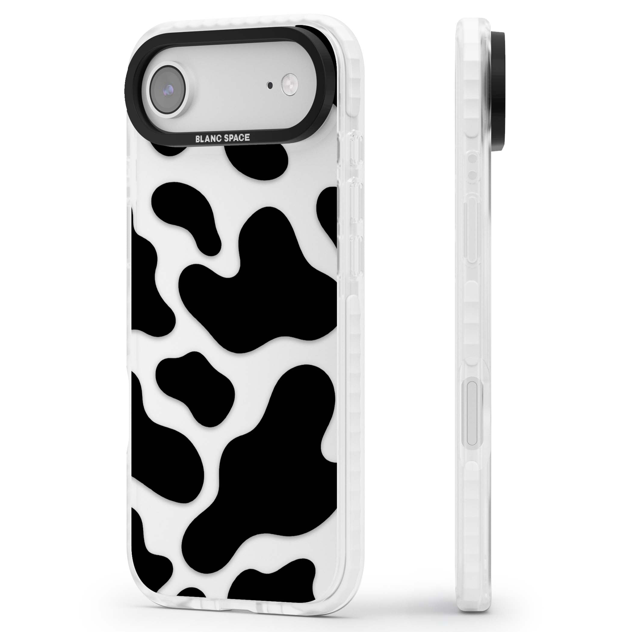 Clear Cow Print cow print iPhone case featuring black and white cow pattern splotches on a clear background | Black Impact case for iPhone Air