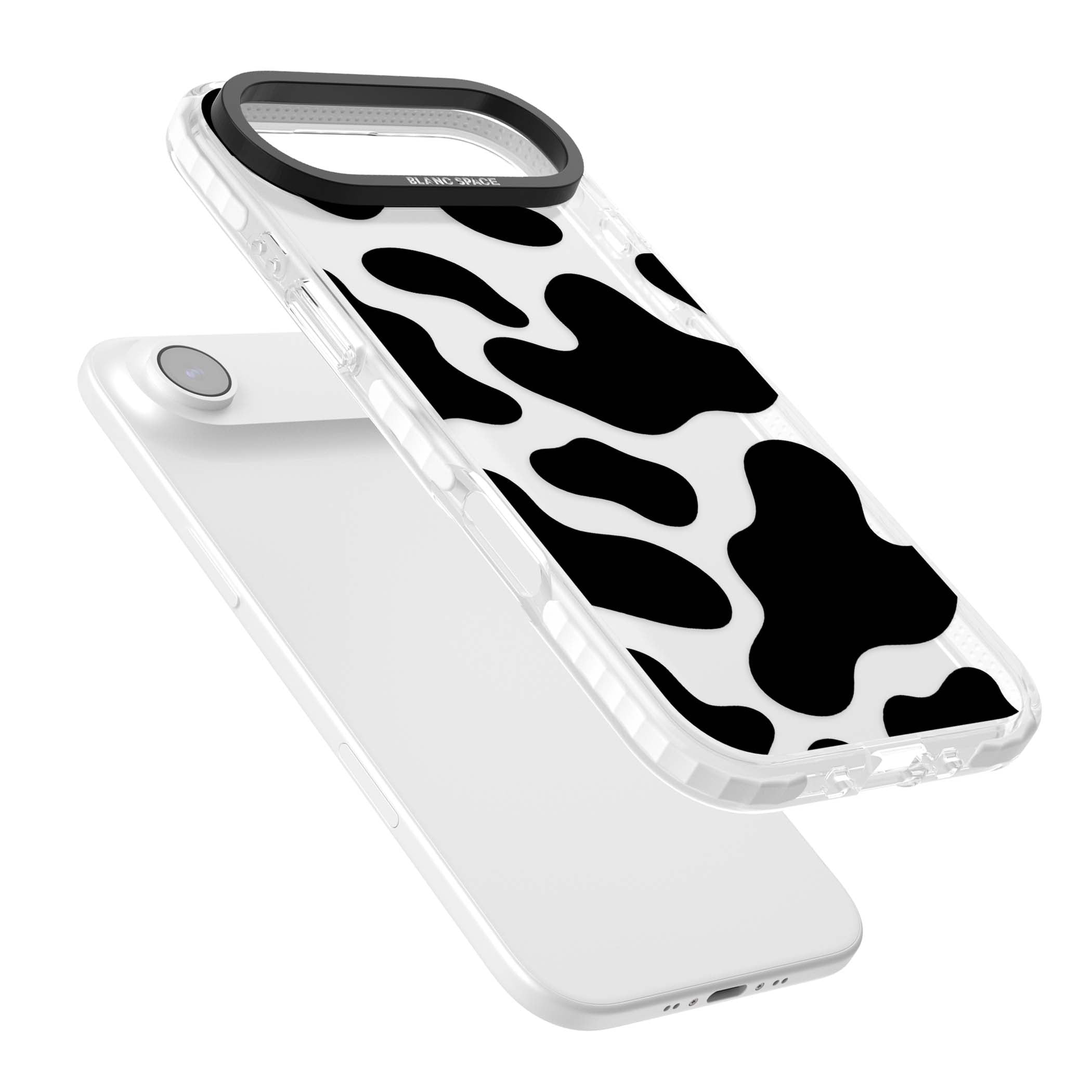 Clear Cow Print cow print iPhone case featuring black and white cow pattern splotches on a clear background | Black Impact case for iPhone Air