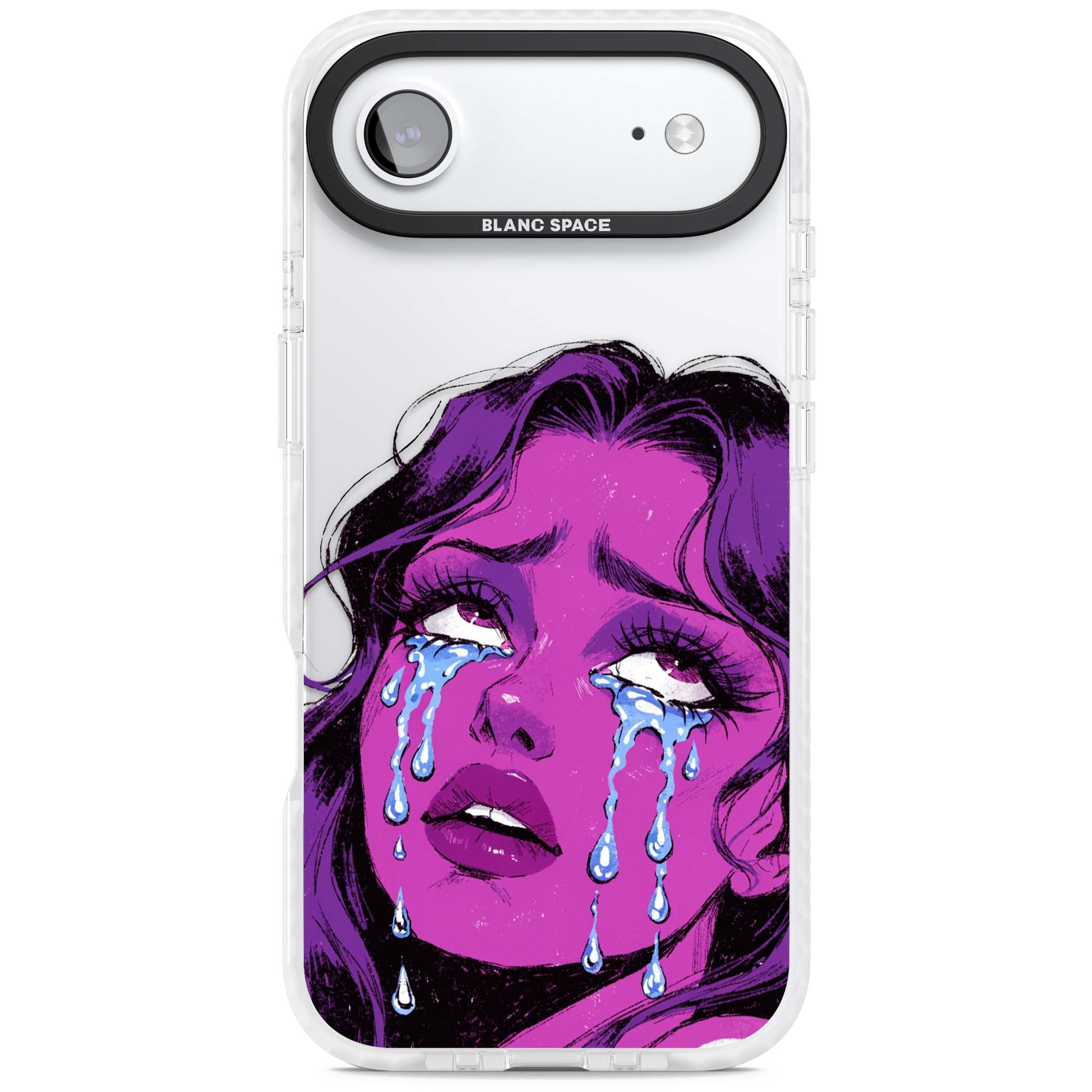 Drama Queen pop art iPhone case featuring a purple crying comic girl with blue tears | Black Impact case for iPhone Air