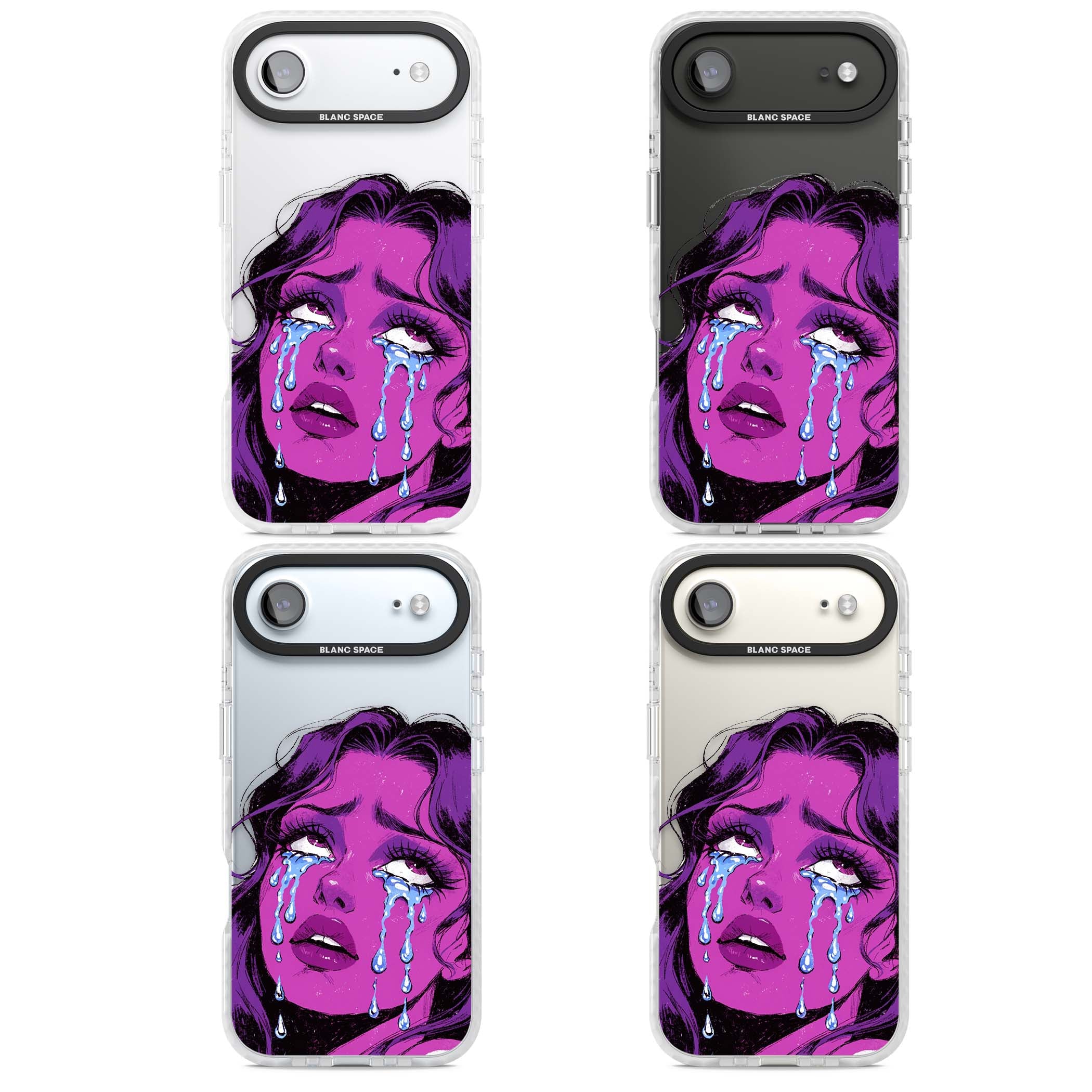 Drama Queen pop art iPhone case featuring a purple crying comic girl with blue tears | Black Impact case for iPhone Air