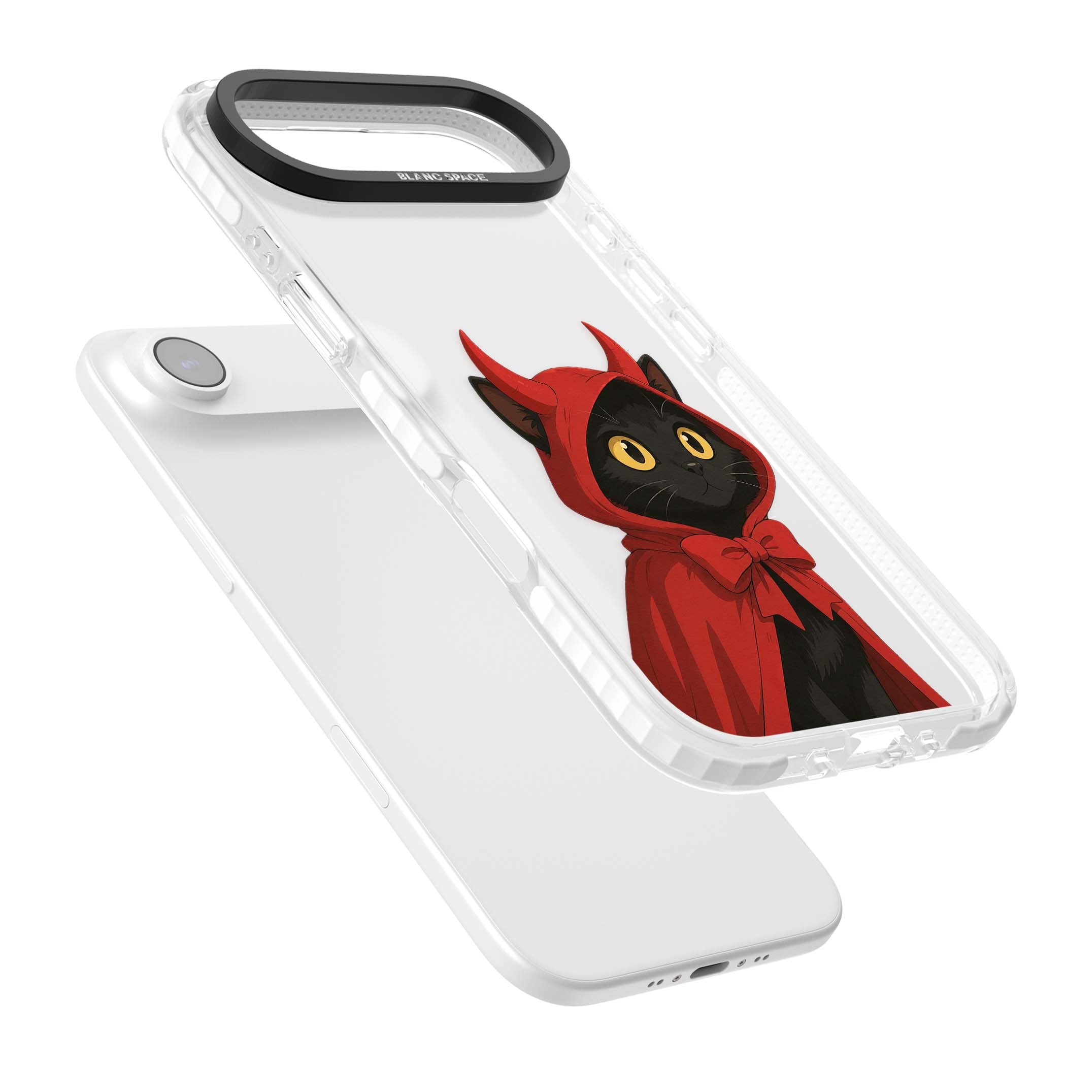 Little Devil halloween iPhone case featuring a black cat in a red hooded devil cloak with horns and golden eyes | Black Impact case for iPhone Air
