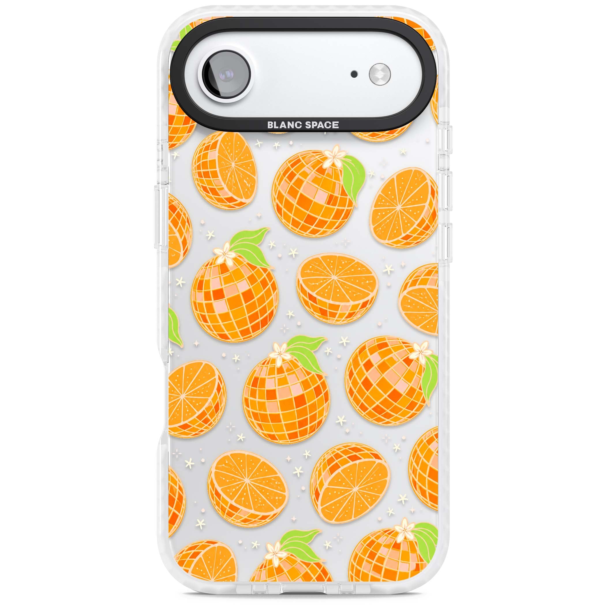 Disco Oranges retro iPhone case featuring mirrorball oranges, citrus slices and tiny blossoms on clear | Black Impact case for iPhone Air