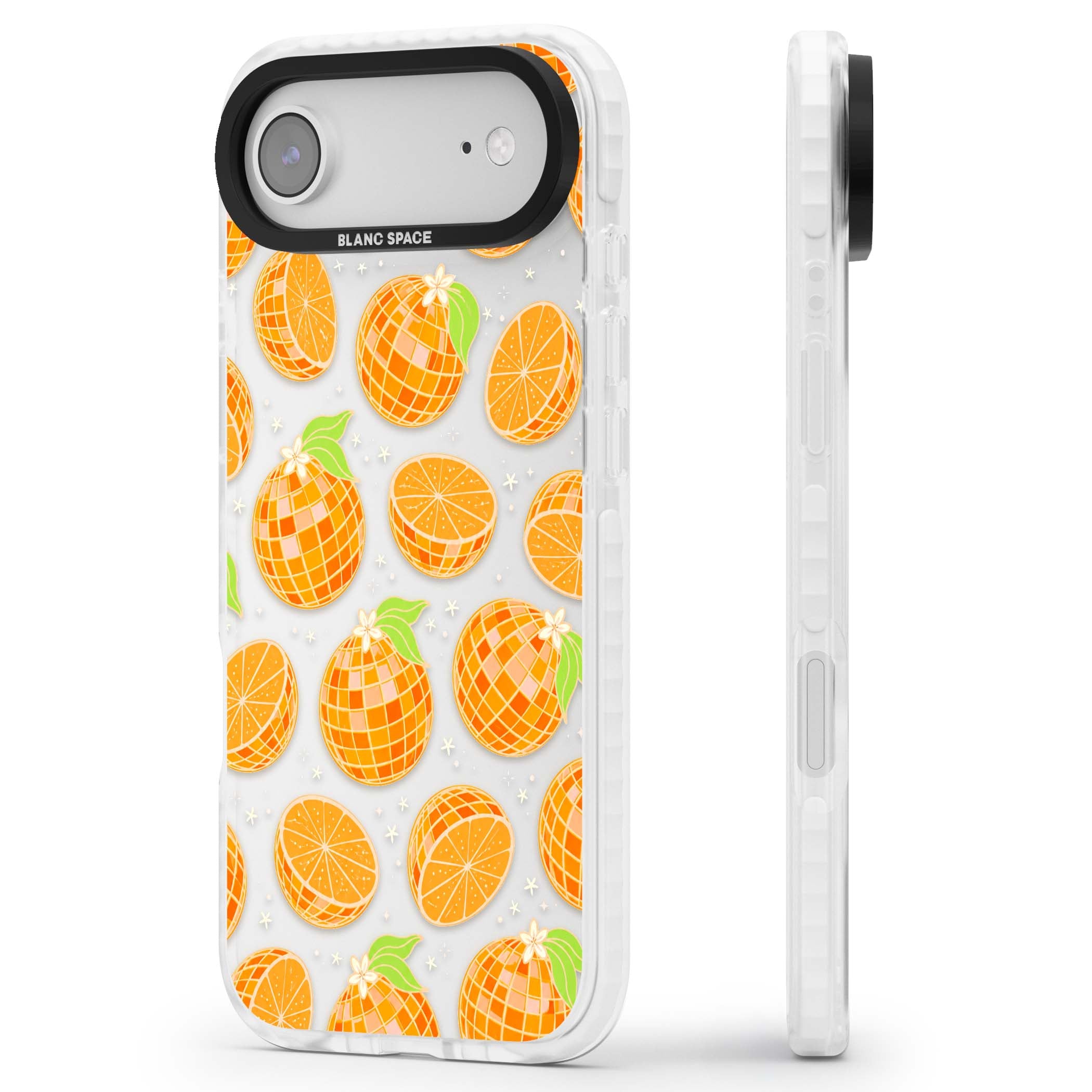 Disco Oranges retro iPhone case featuring mirrorball oranges, citrus slices and tiny blossoms on clear | Black Impact case for iPhone Air