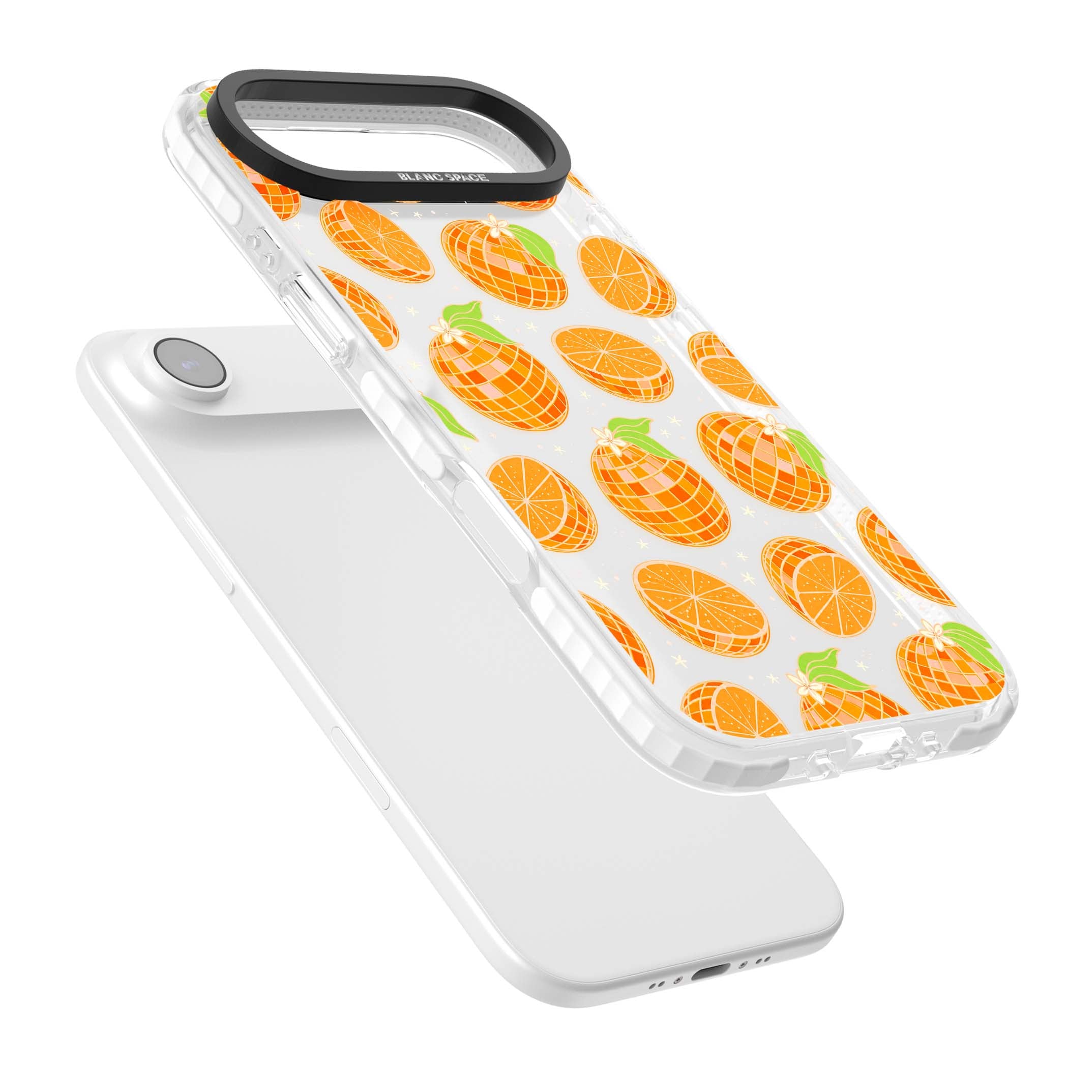 Disco Oranges retro iPhone case featuring mirrorball oranges, citrus slices and tiny blossoms on clear | Black Impact case for iPhone Air