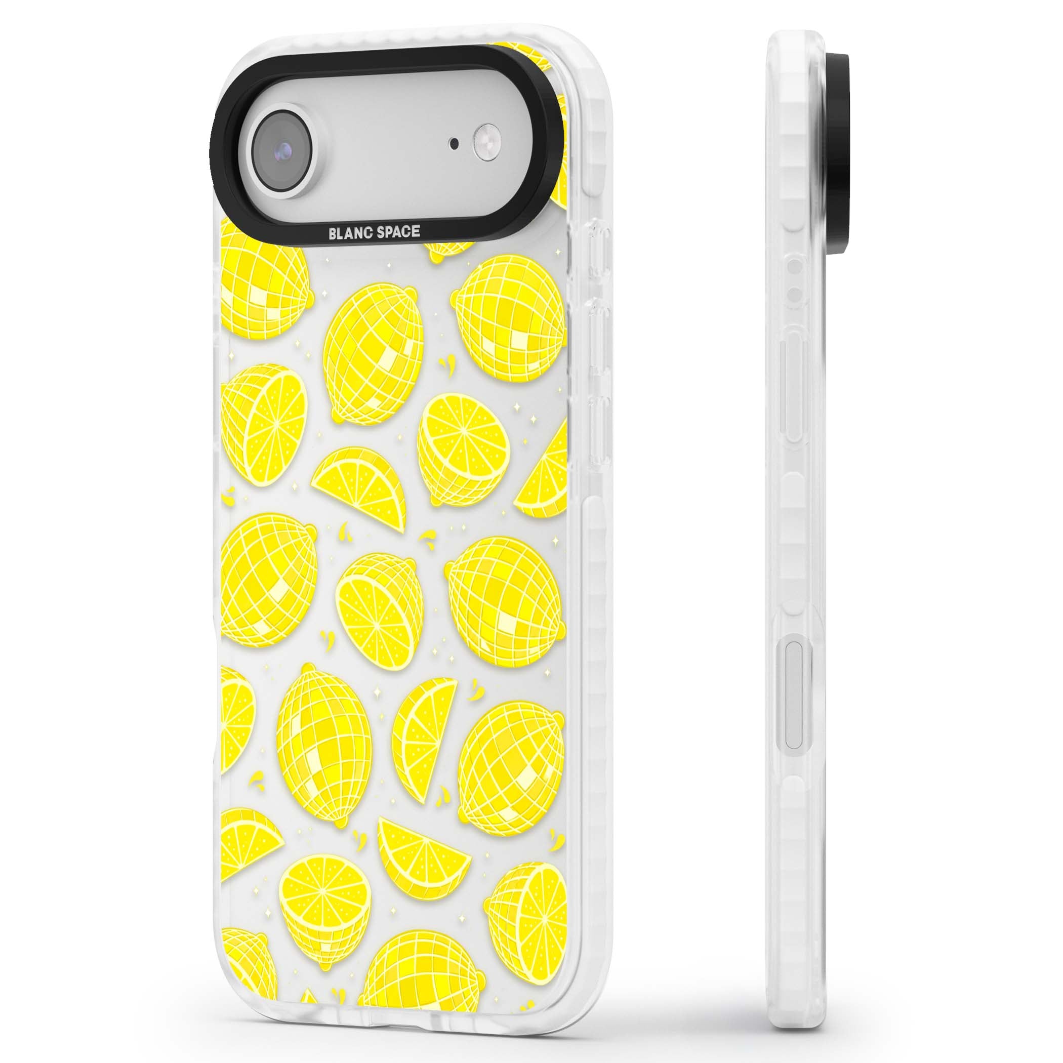 Disco Lemons citrus iPhone case featuring mirrorball lemons, sliced fruit and sparkle accents | Black Impact case for iPhone Air