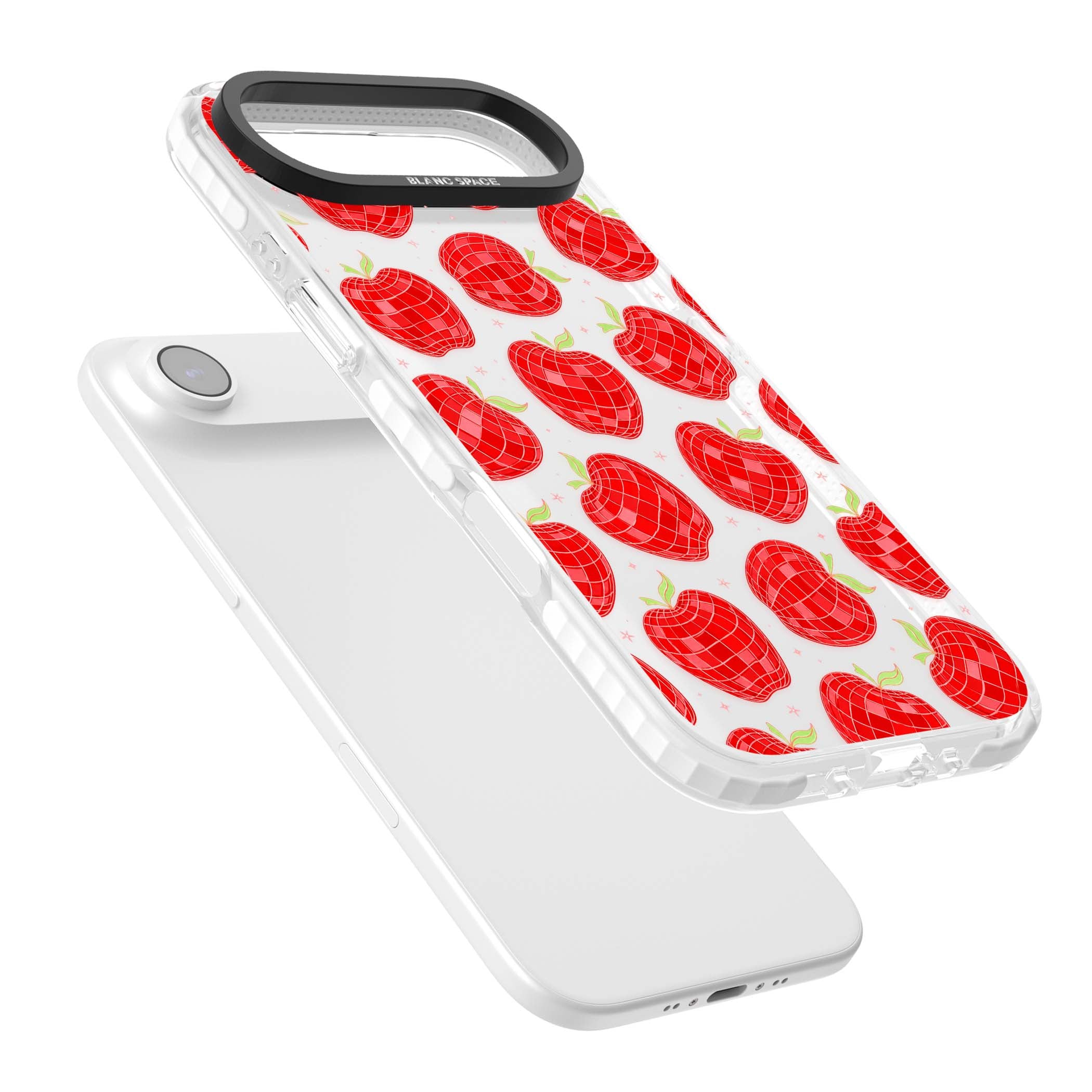 Disco Apples Y2K iPhone case featuring red disco ball apples, green leaves and pink sparkles on clear | Black Impact case for iPhone Air