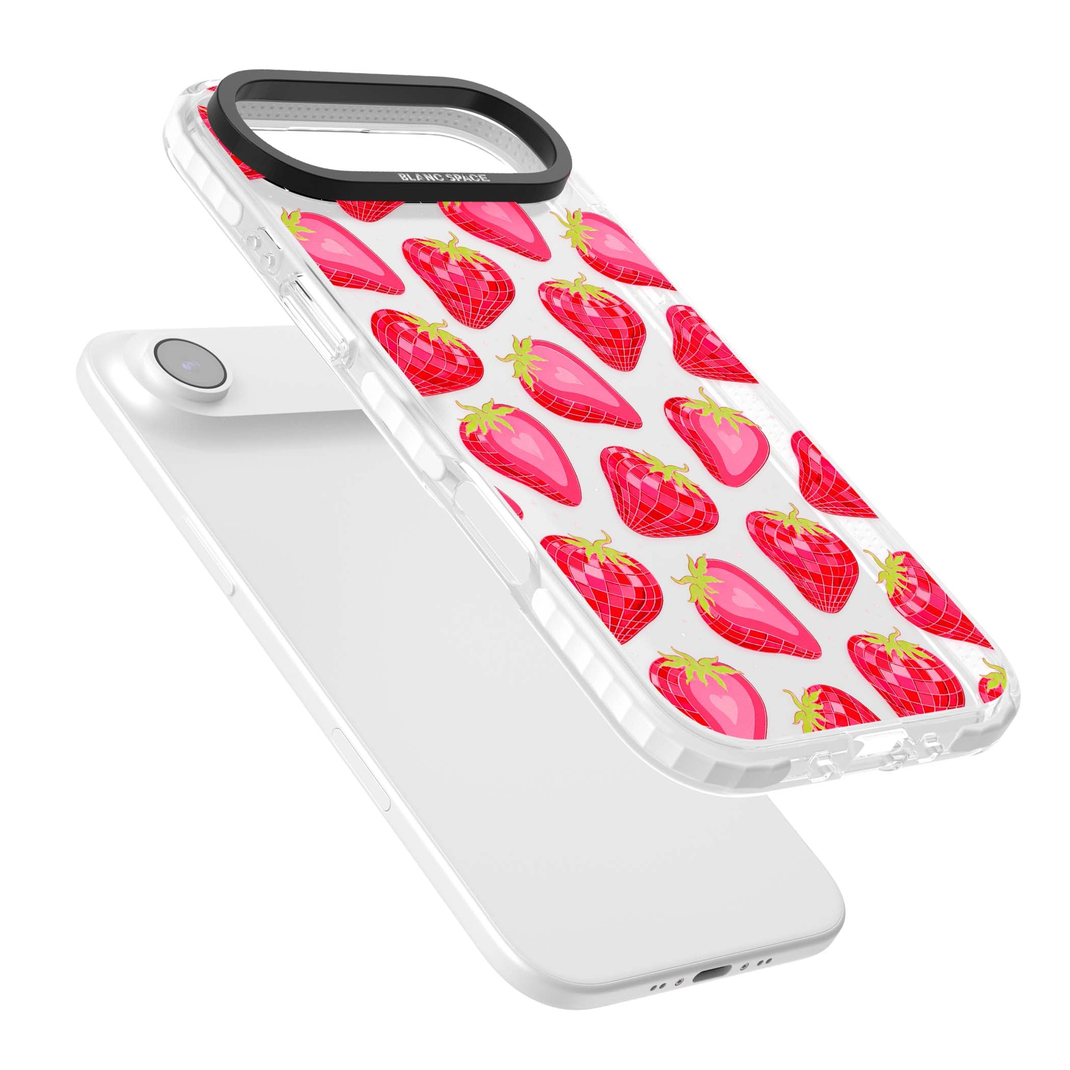 Disco Strawberry Y2K iPhone case featuring pink disco-ball strawberries, green leaves and tiny sparkles | Black Impact case for iPhone Air