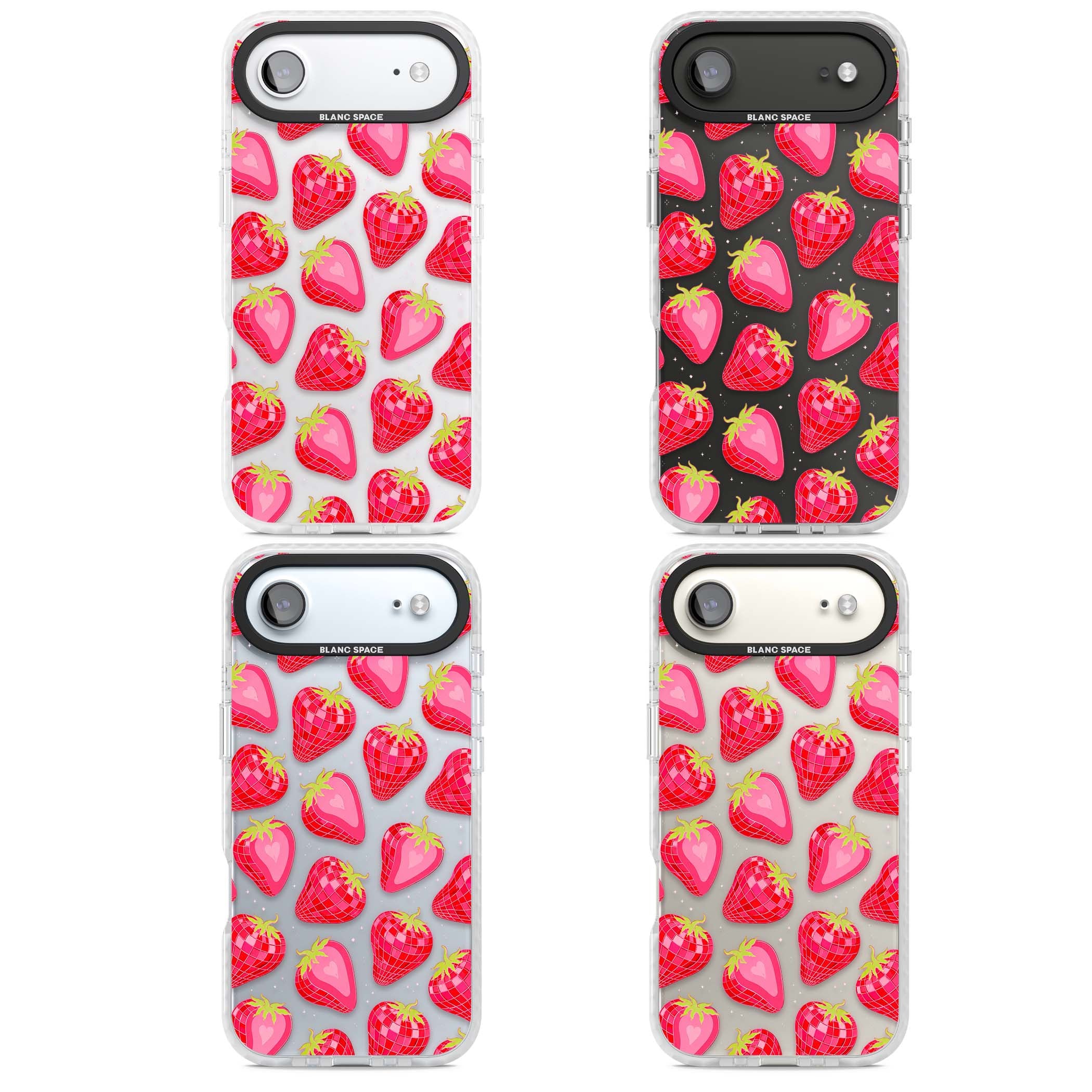 Disco Strawberry Y2K iPhone case featuring pink disco-ball strawberries, green leaves and tiny sparkles | Black Impact case for iPhone Air