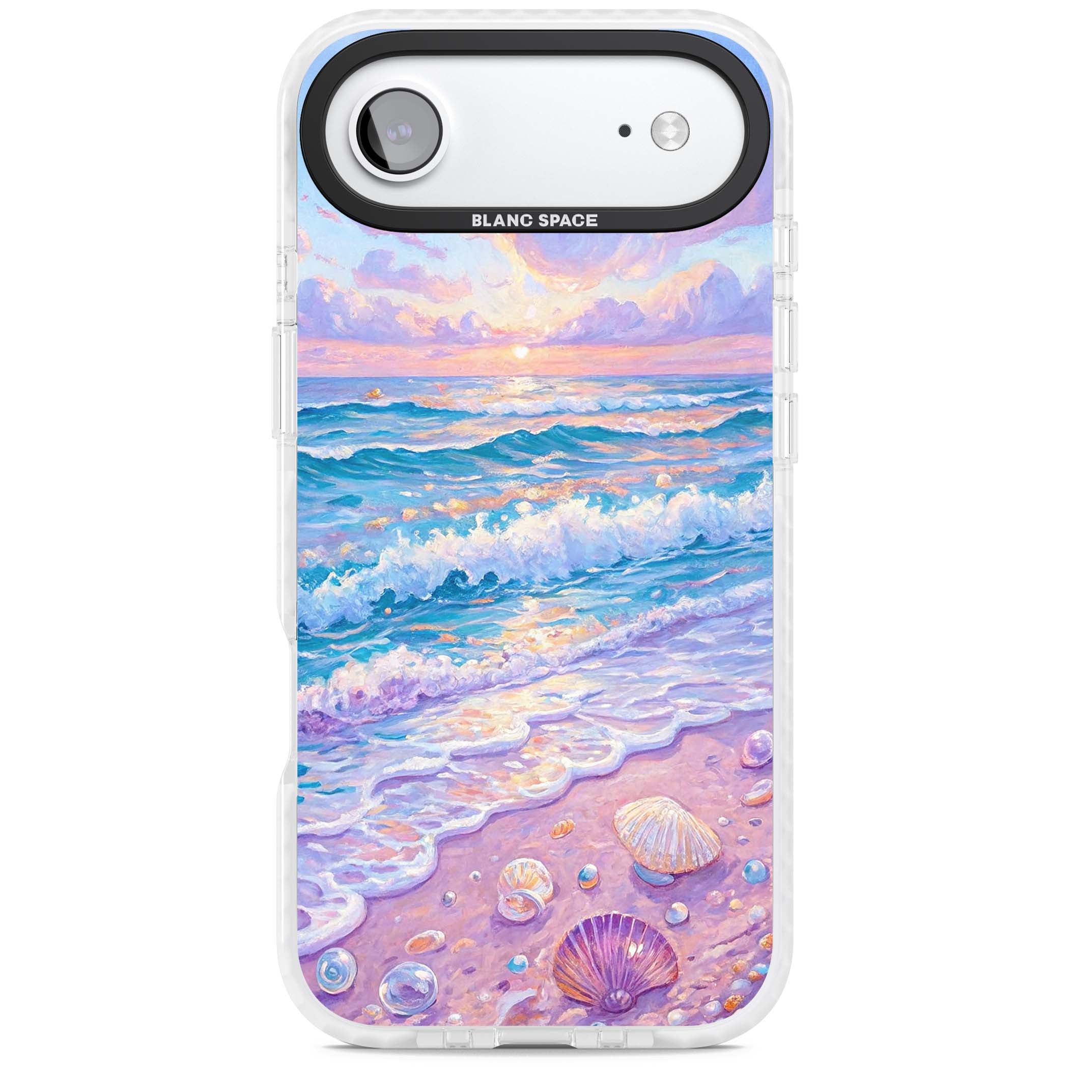 Pearl Shore coastal iPhone case featuring pastel painted waves, seashells, and a sunrise sky over a lavender beach. | Black Impact case for iPhone Air