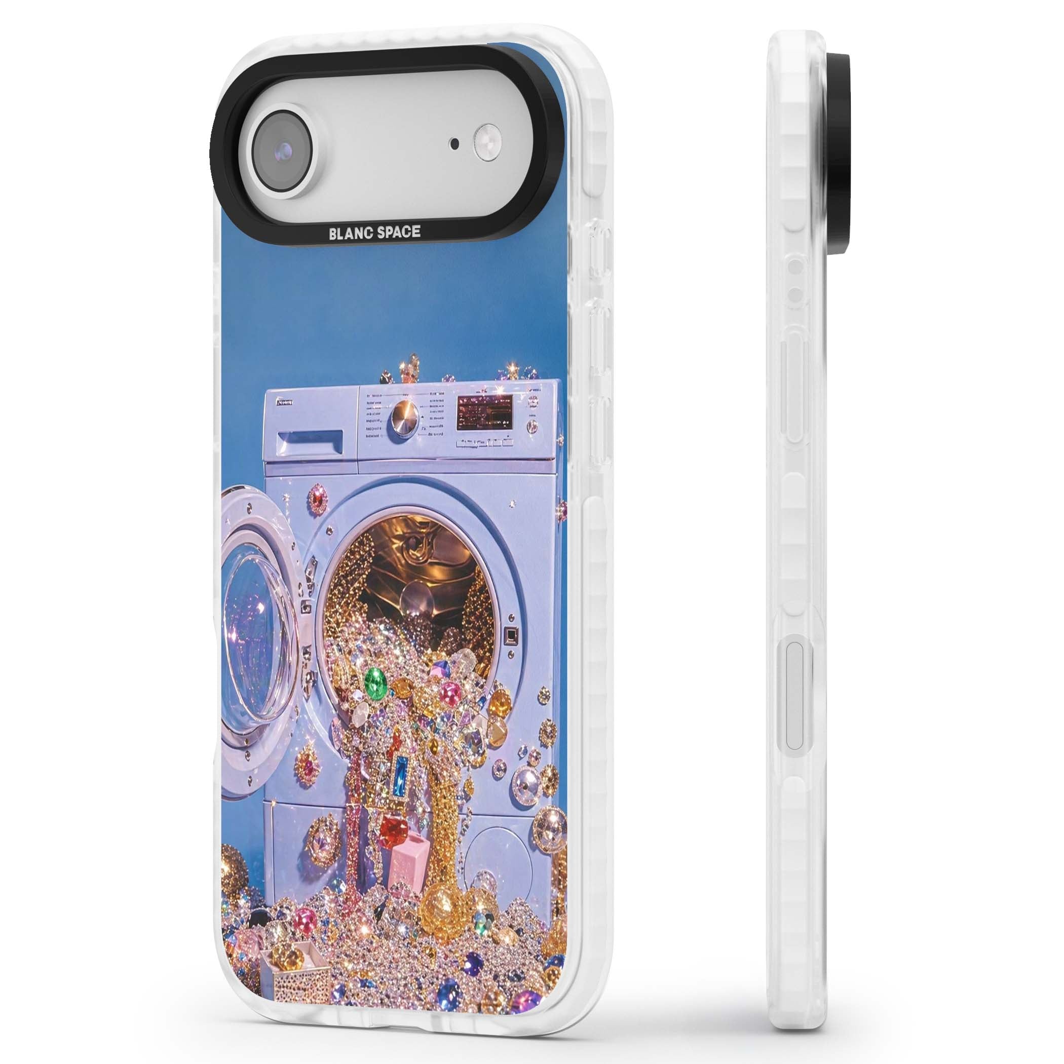Gem Laundry baddie iPhone case featuring a surreal washing machine overflowing with colourful gemstones and crystals | Black Impact case for iPhone Air