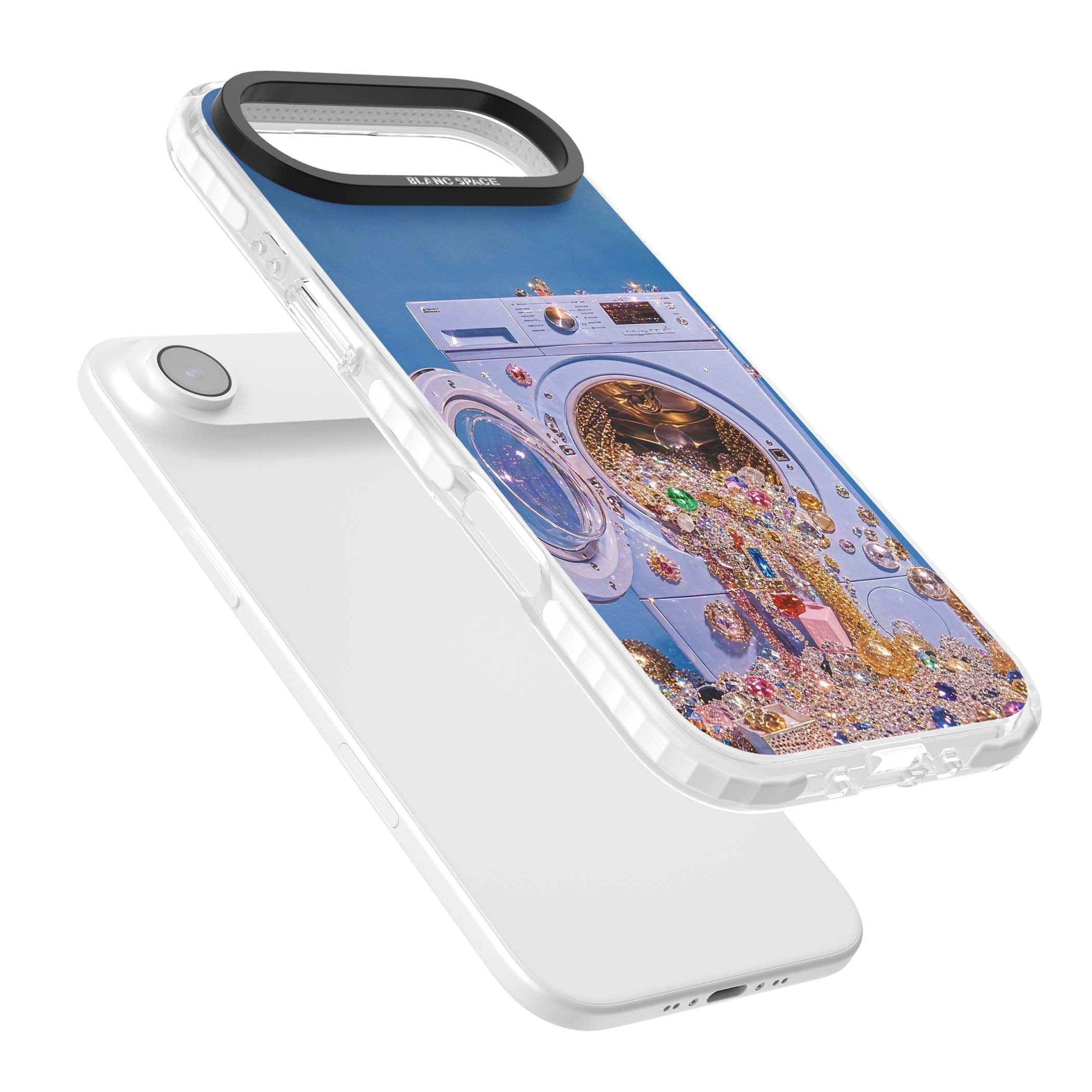 Gem Laundry baddie iPhone case featuring a surreal washing machine overflowing with colourful gemstones and crystals | Black Impact case for iPhone Air