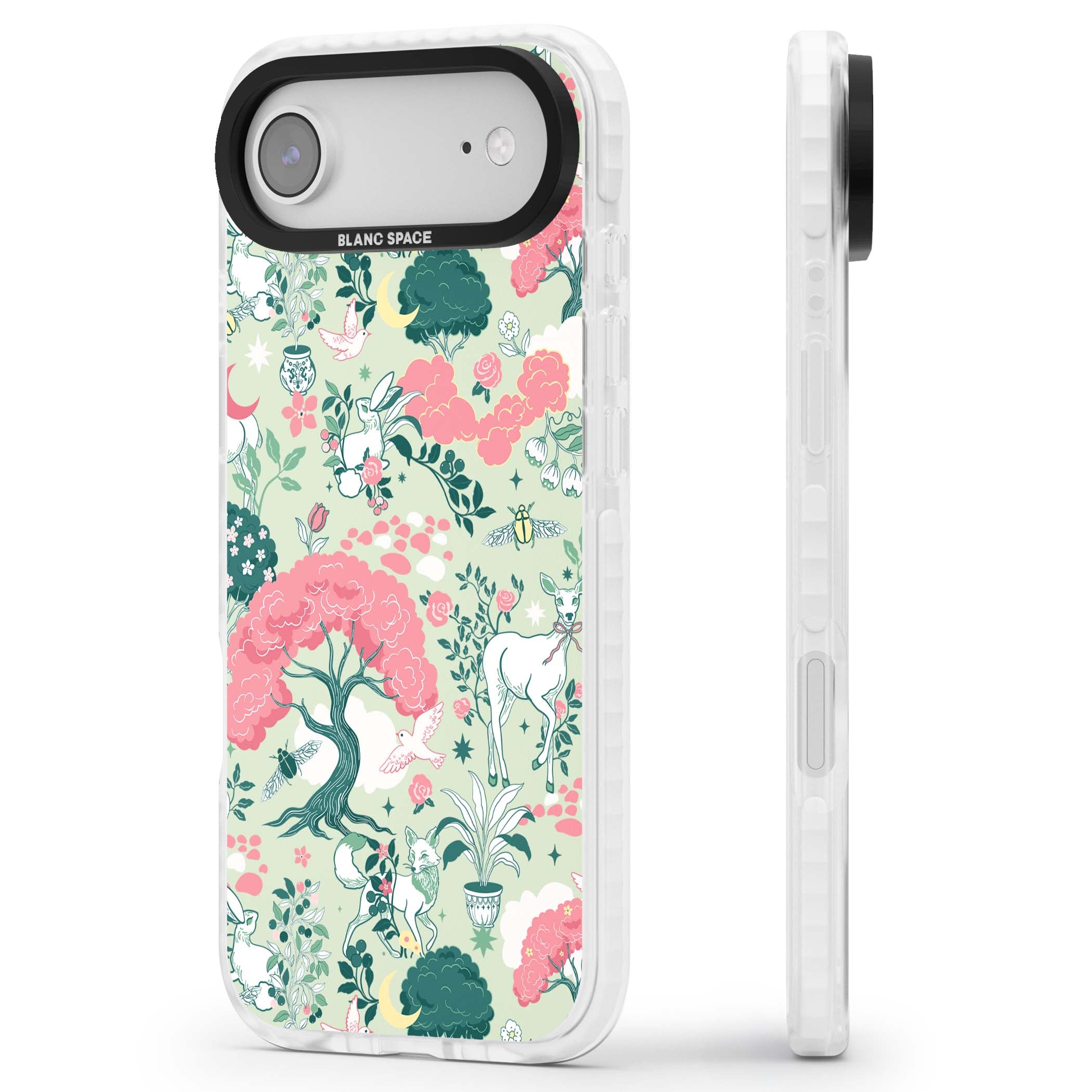 Enchanted Woodland cottagecore iPhone case featuring white deer, pink roses, mushrooms and woodland animals on sage green | Black Impact case for iPhone Air
