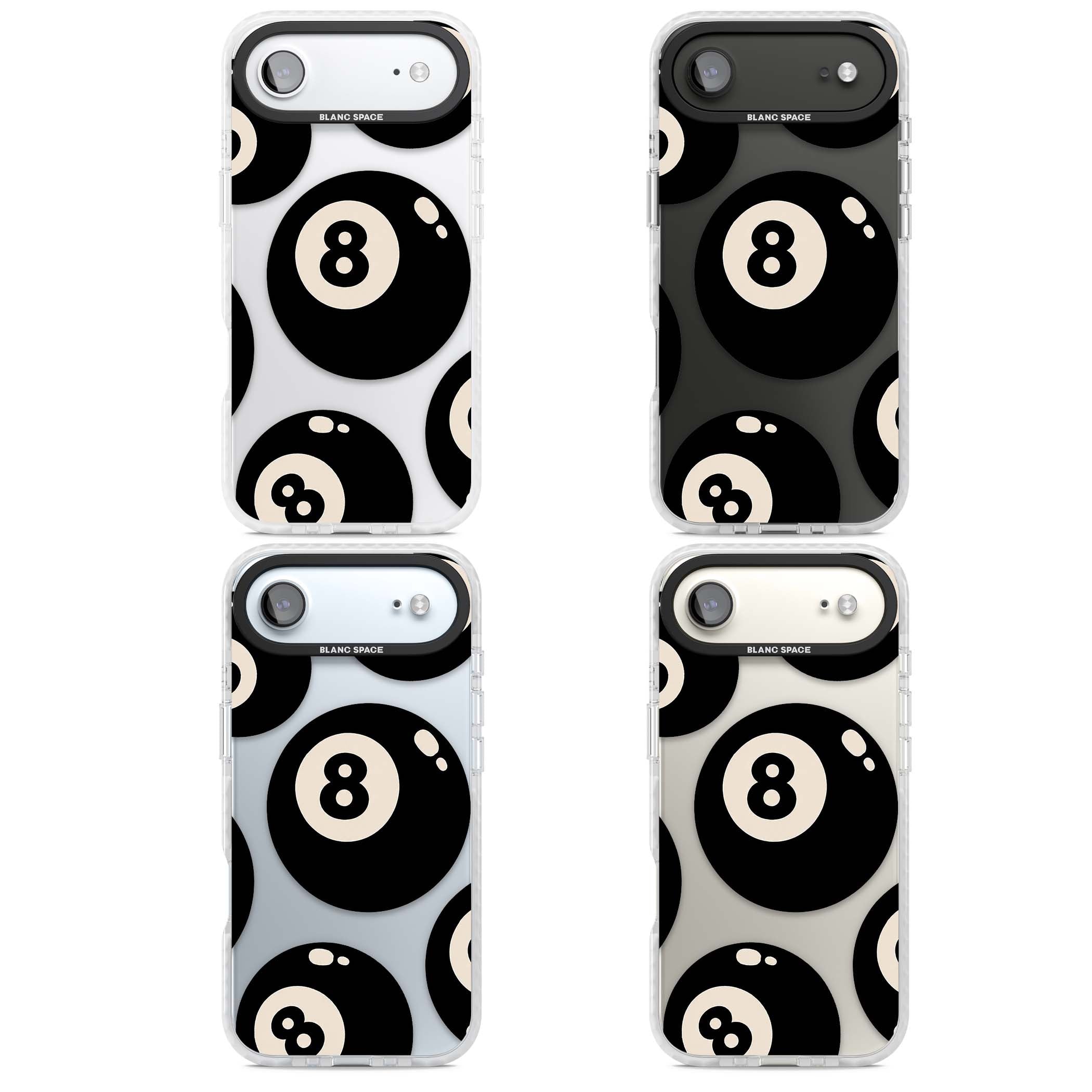 Eights y2k iPhone case featuring scattered black 8 balls with cream highlights on a clear background | Black Impact case for iPhone Air