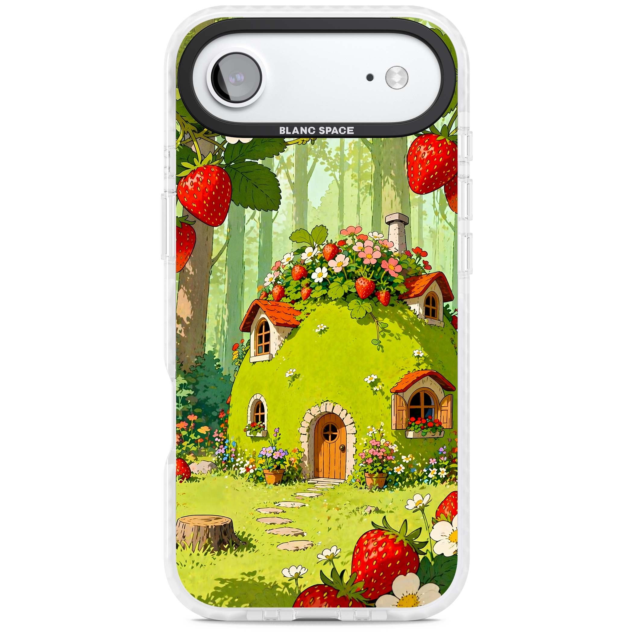 Strawberry Cottage cottagecore iPhone case featuring a green fairy house, wild strawberries and enchanted forest flowers | Black Impact case for iPhone Air