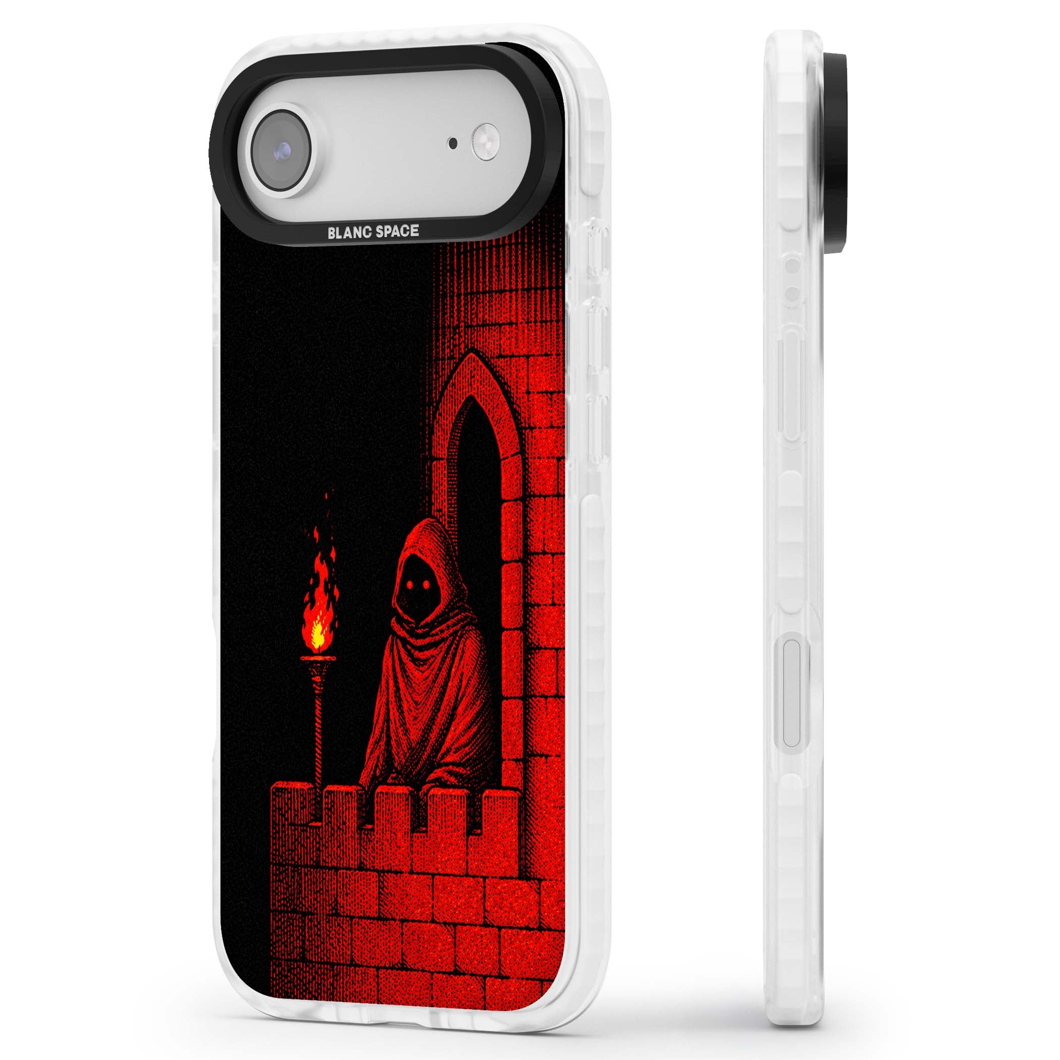Crimson Crypt gothic iPhone case featuring a hooded reaper, torchlit crypt archway and red halftone horror art | Black Impact case for iPhone Air