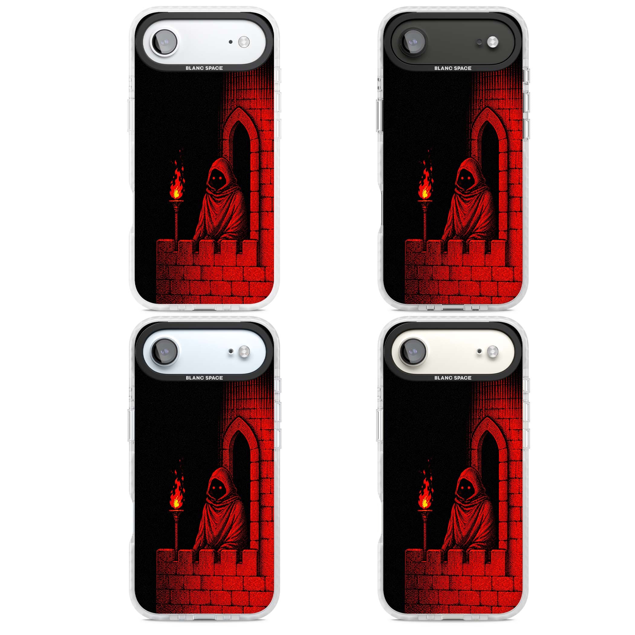 Crimson Crypt gothic iPhone case featuring a hooded reaper, torchlit crypt archway and red halftone horror art | Black Impact case for iPhone Air