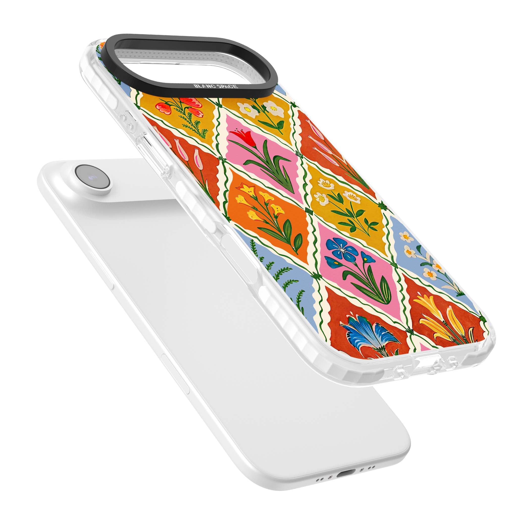 Floral Quilt boho floral iPhone case featuring diamond lattice pattern, hand-painted tulips and folk art wildflowers | Black Impact case for iPhone Air