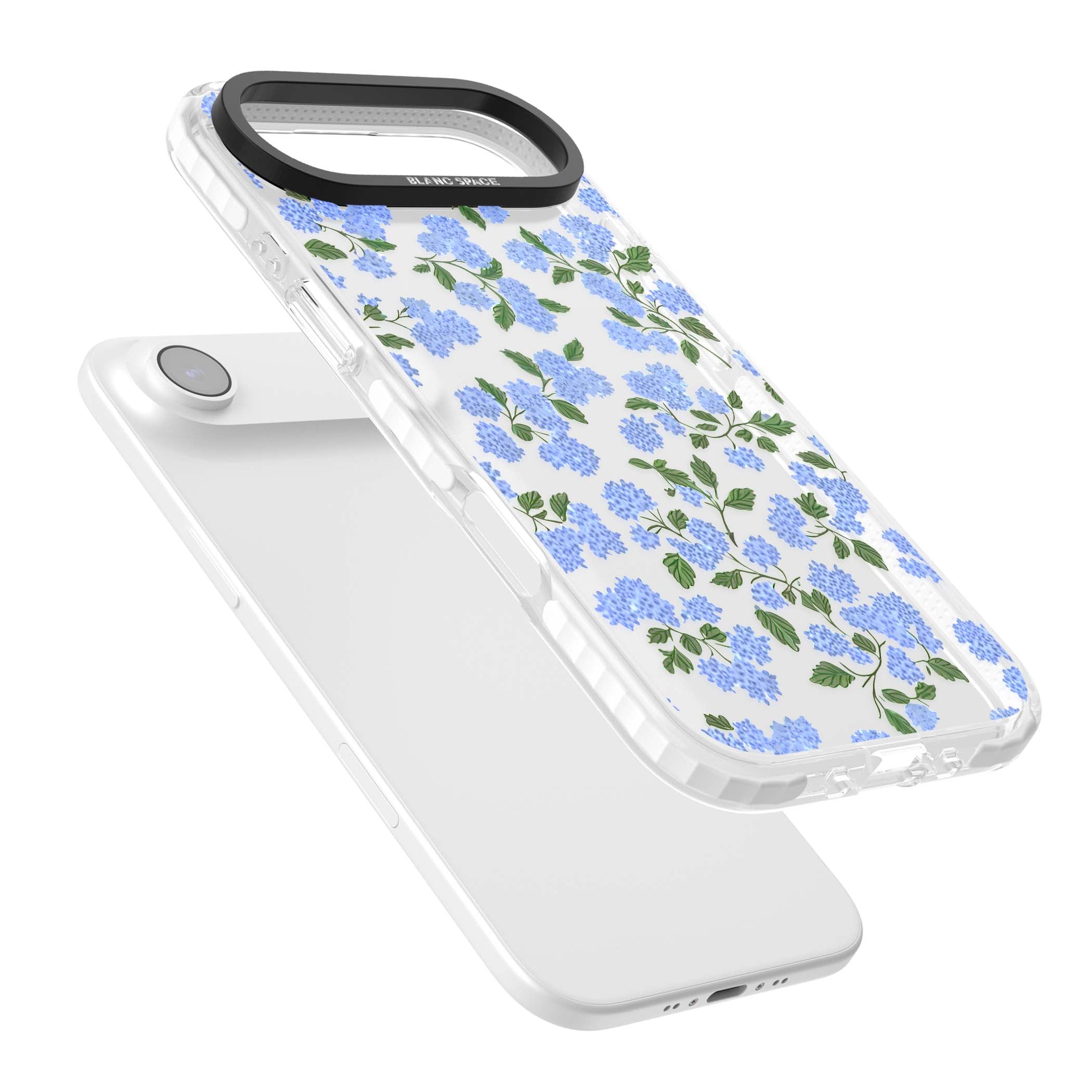 Hydrangea Dreams cottagecore iPhone case featuring soft blue hydrangea flower clusters and green leaves | Black Impact case for iPhone Air