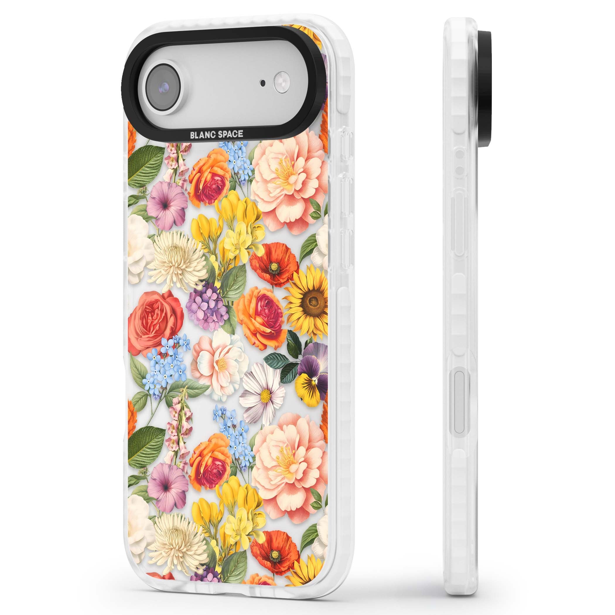 Bloom Basket floral iPhone case featuring cottage garden flowers including peonies, sunflowers, and wildflowers in pastel col | Black Impact case for iPhone Air