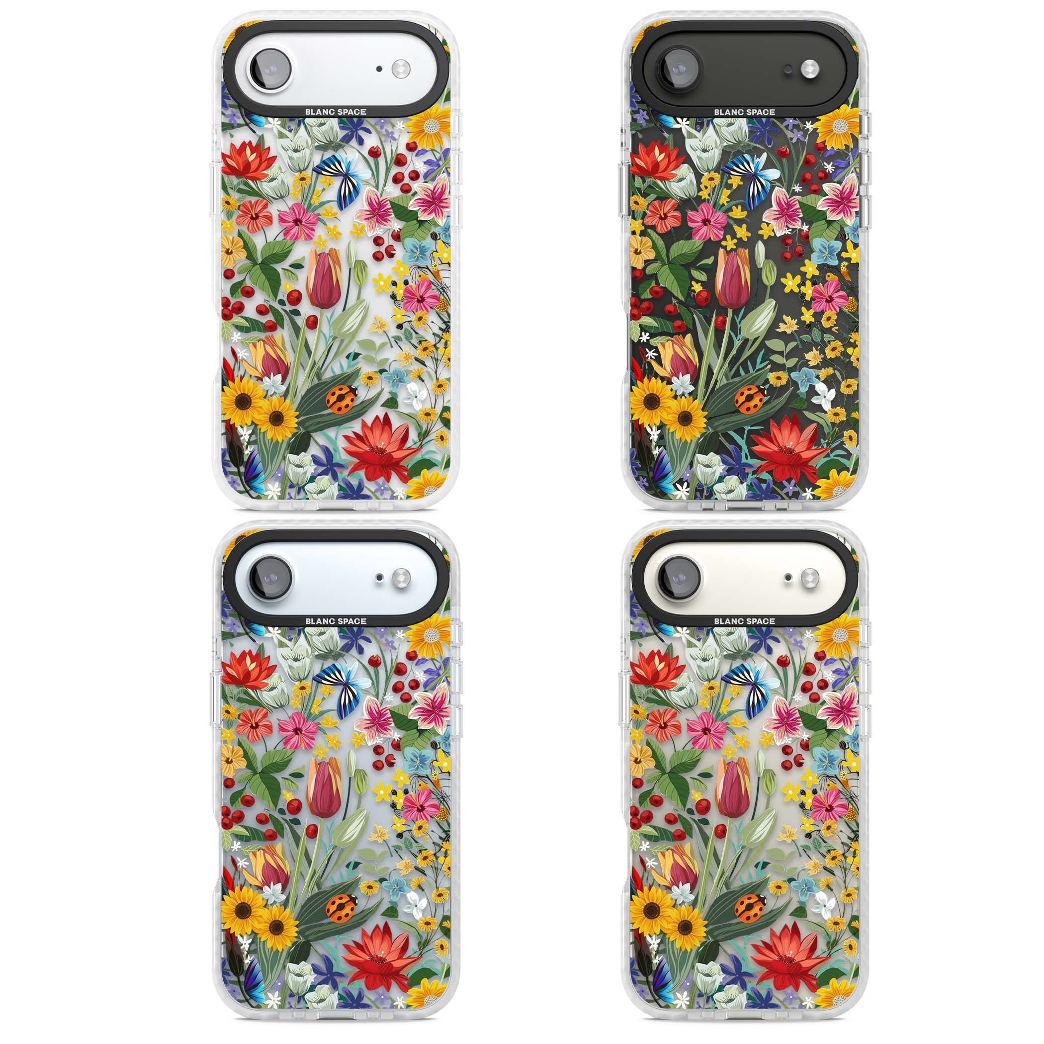 Botanical Bloom cottagecore iPhone case featuring colorful wildflowers, sunflowers, and ladybugs on clear background | Black Impact case for iPhone Air
