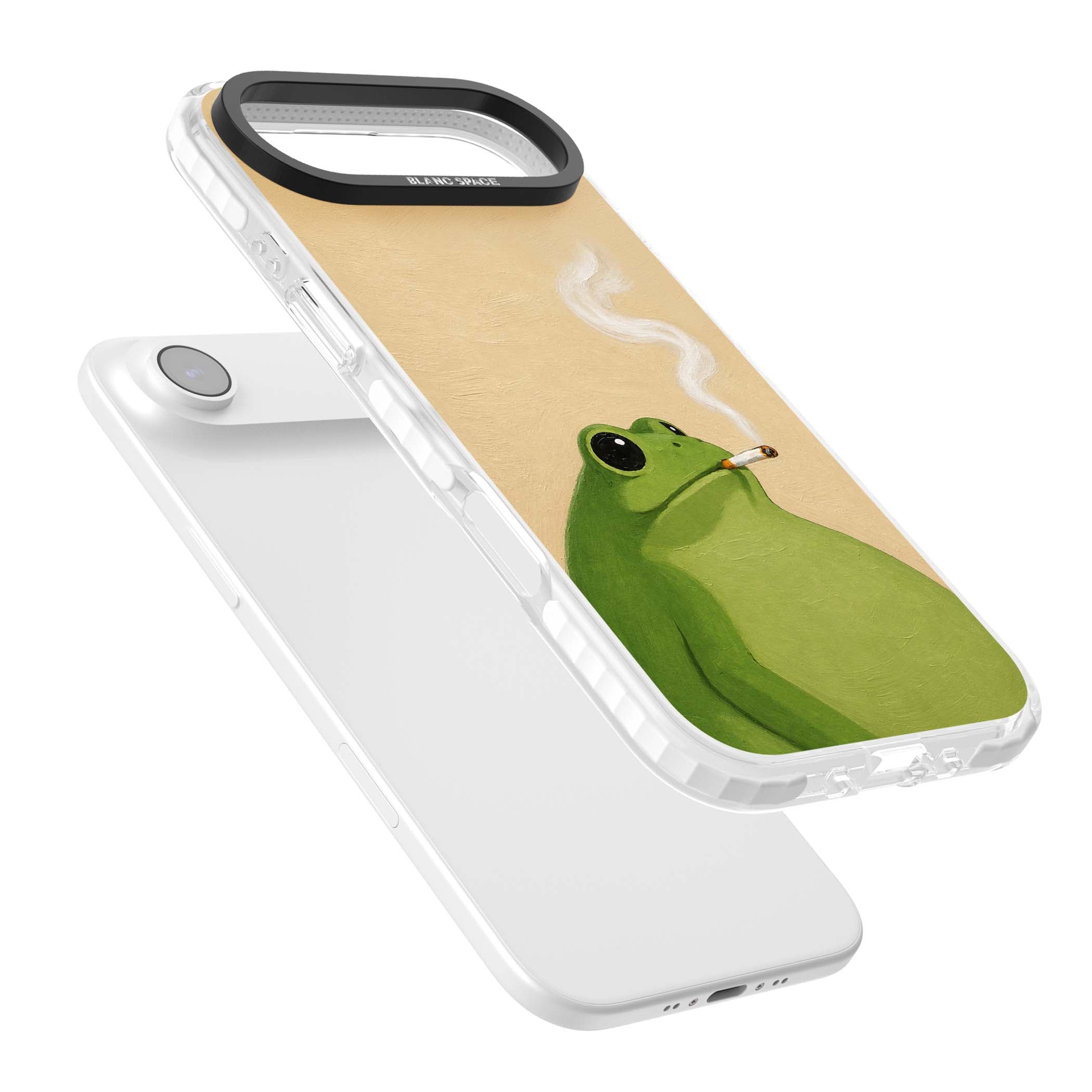 The Smoking Frog cottagecore iPhone case featuring a hand-painted green frog smoking a cigarette on a cream oil painting back | Black Impact case for iPhone Air
