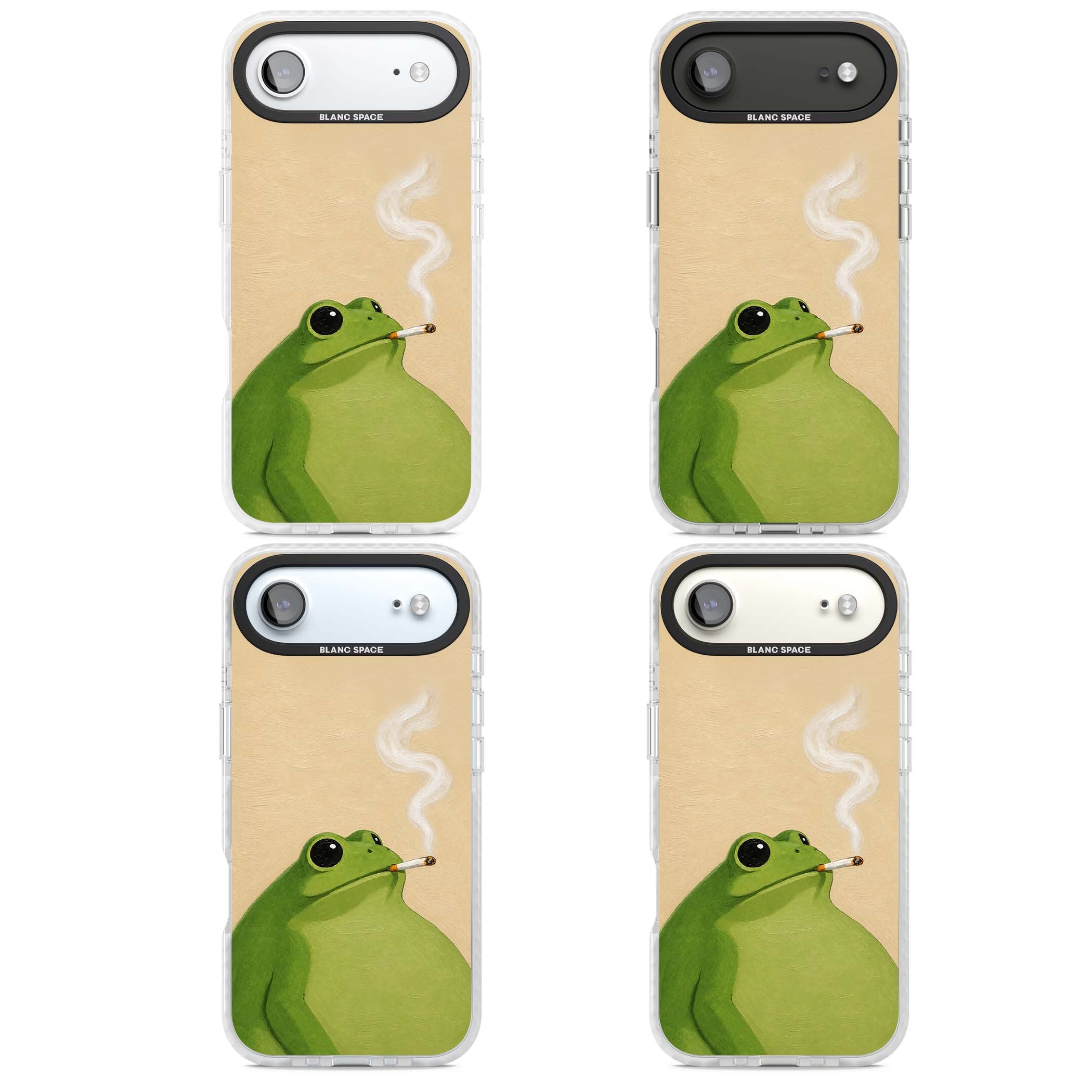 The Smoking Frog cottagecore iPhone case featuring a hand-painted green frog smoking a cigarette on a cream oil painting back | Black Impact case for iPhone Air