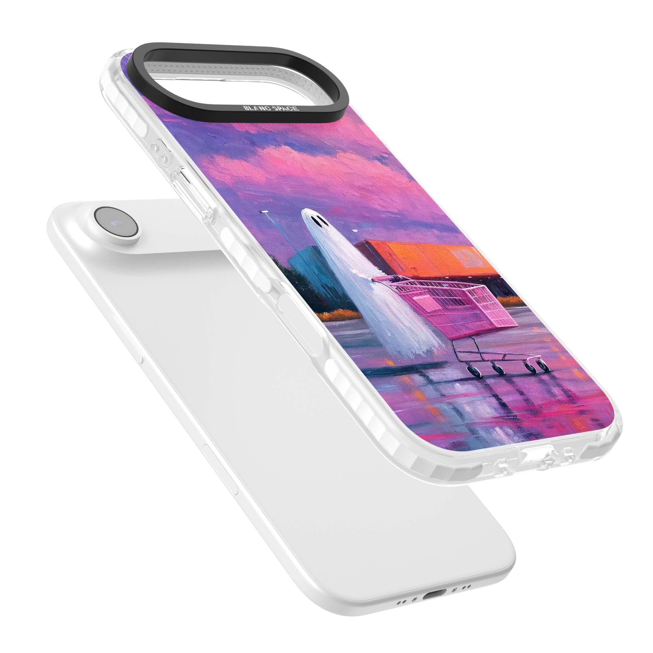 A Ghost's Errand ghost halloween iPhone case featuring a painted ghost, pink shopping trolley and purple sunset sky | Black Impact case for iPhone Air