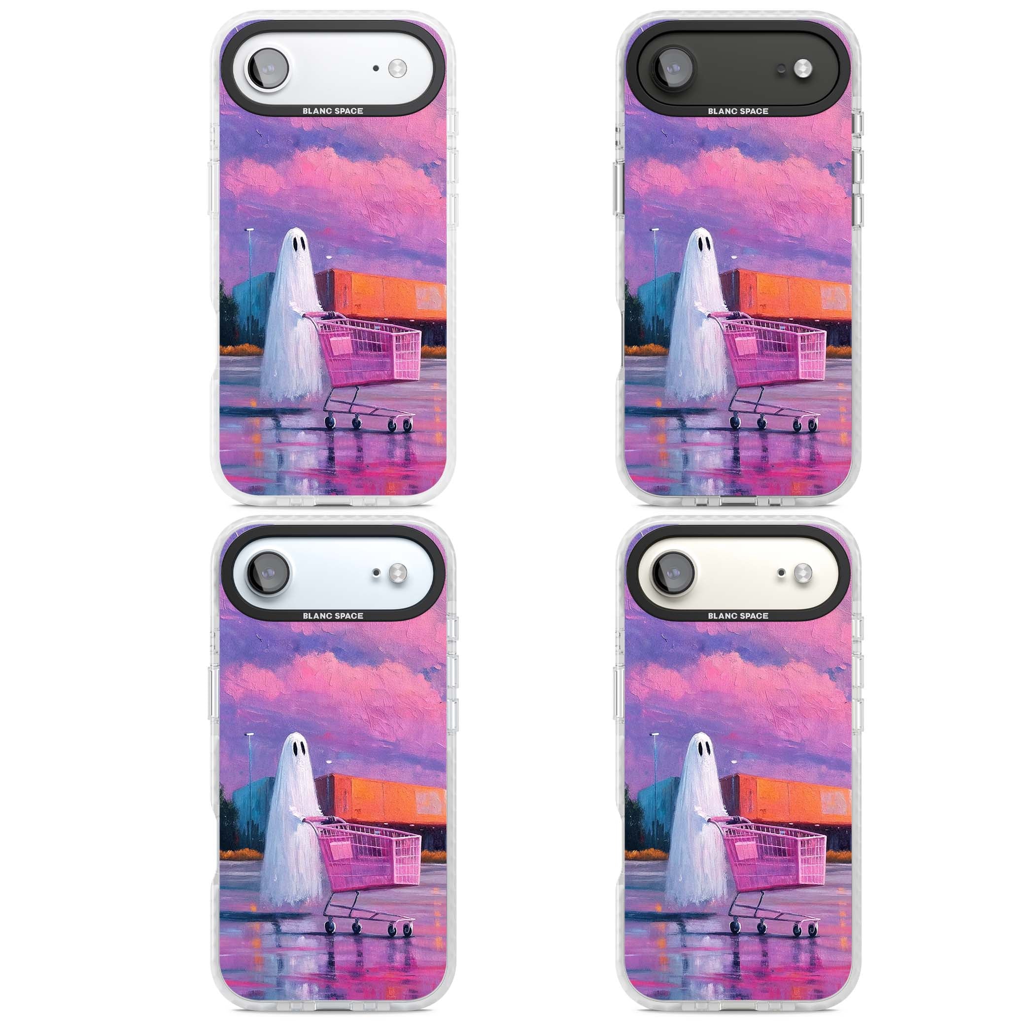 A Ghost's Errand ghost halloween iPhone case featuring a painted ghost, pink shopping trolley and purple sunset sky | Black Impact case for iPhone Air