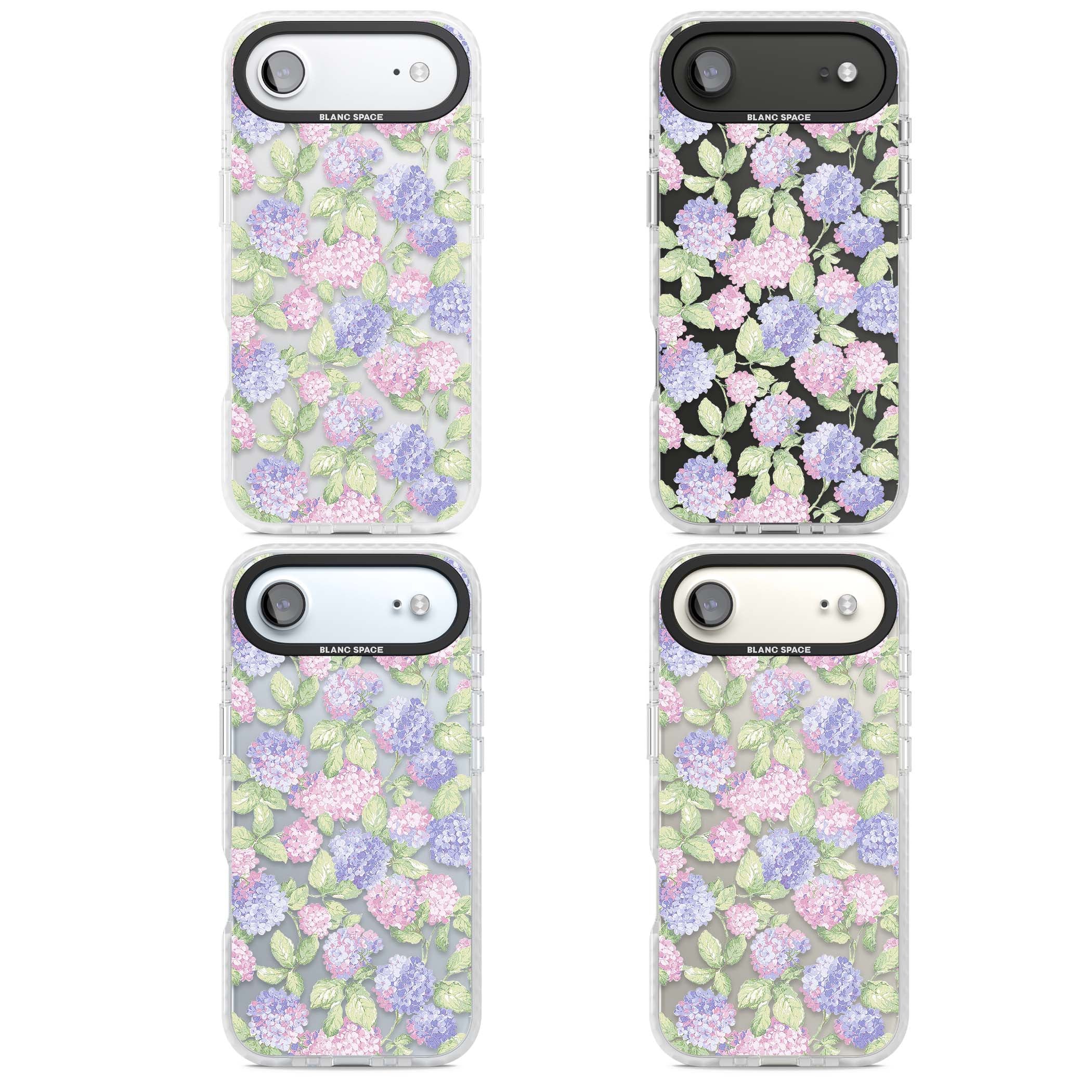 Cottage Hydrangea cottagecore iPhone case featuring pink and purple hydrangea blooms with green leaves on a clear background | Black Impact case for iPhone Air