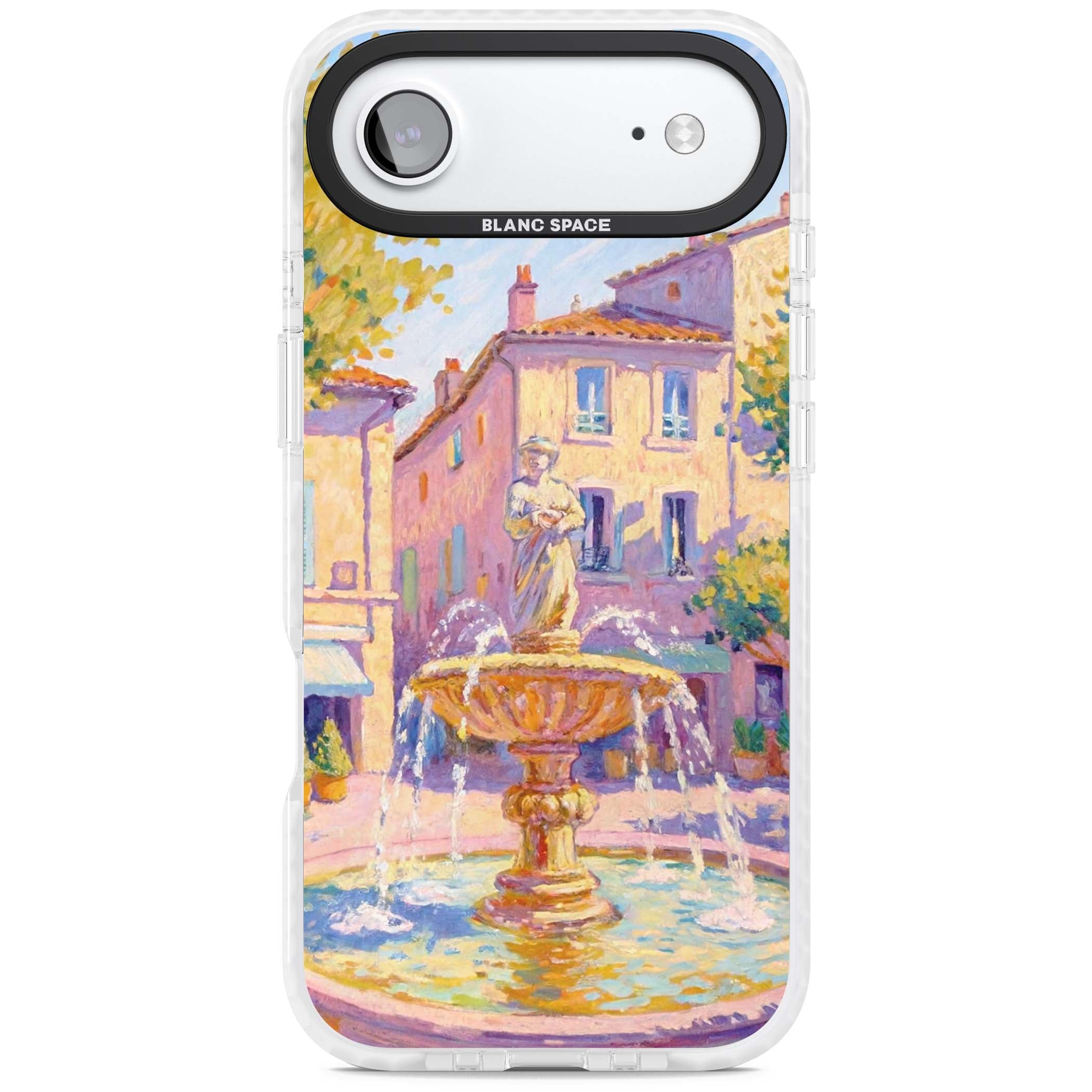 Fountain Square fine art iPhone case featuring an impressionist Provençal fountain, pastel village buildings and summe | Black Impact case for iPhone Air