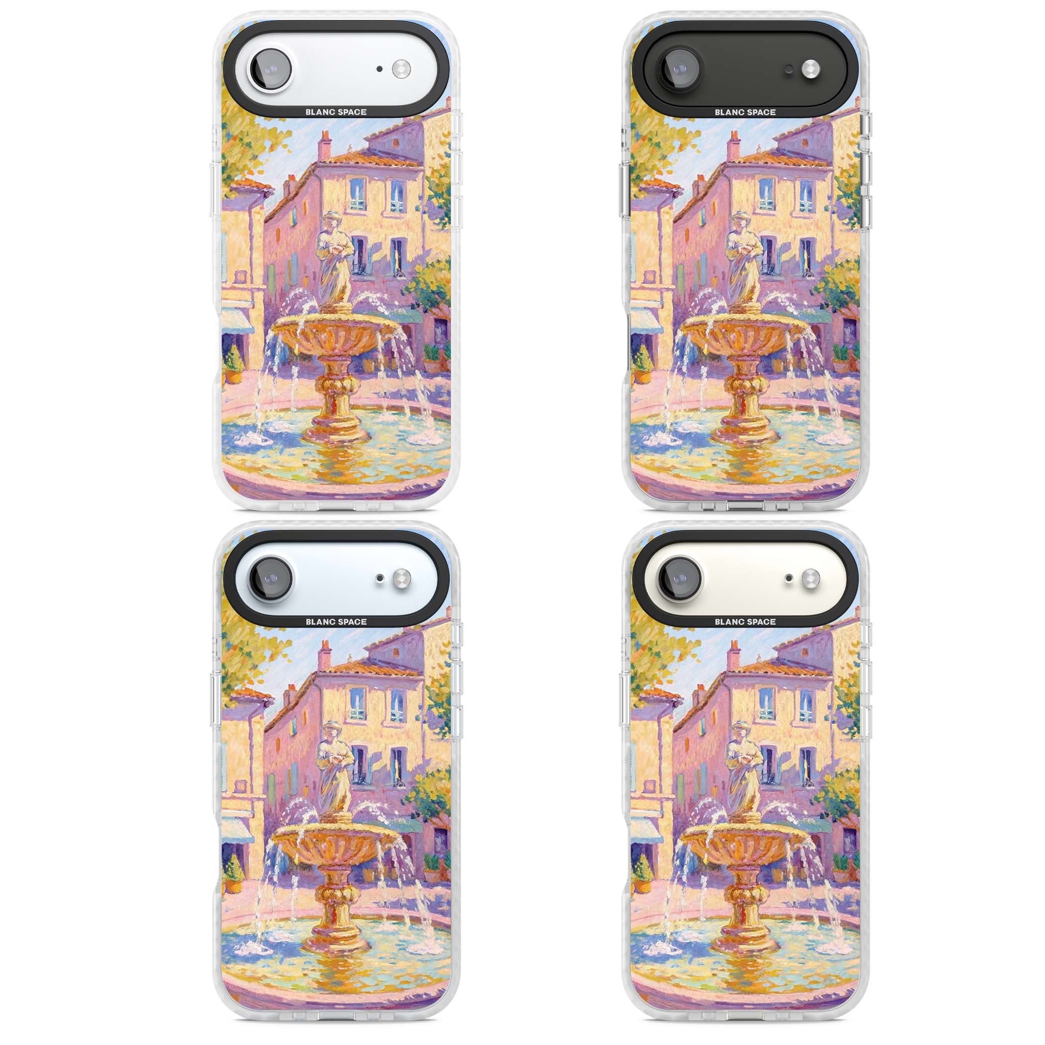Fountain Square fine art iPhone case featuring an impressionist Provençal fountain, pastel village buildings and summe | Black Impact case for iPhone Air
