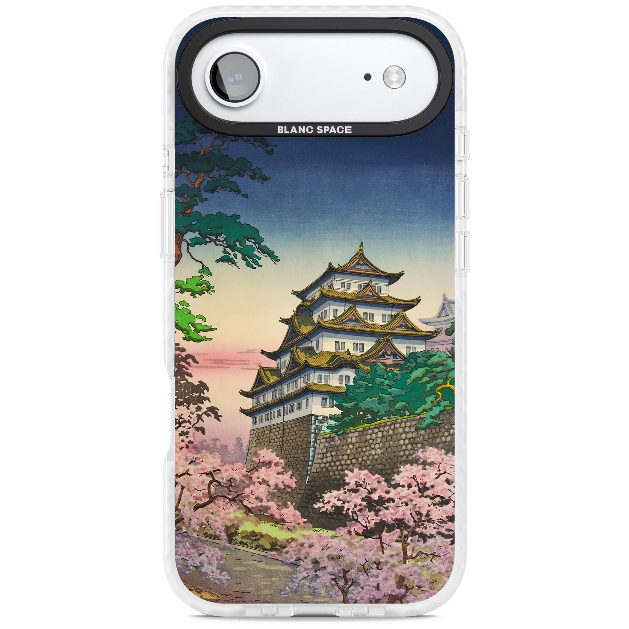 Nagoya Castle Japanese iPhone case featuring a vintage pagoda, twilight sky and cherry blossom trees | Black Impact case for iPhone Air