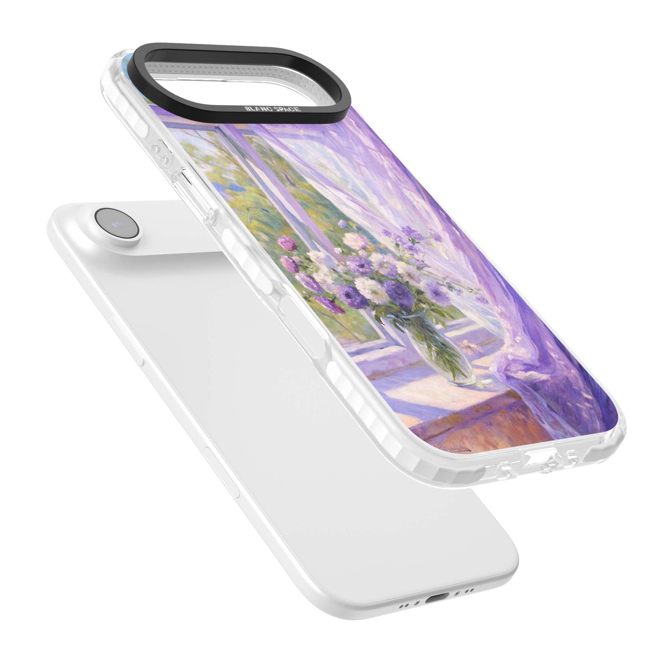 A Provence Morning impressionist art iPhone case featuring a vase of purple flowers, sunlit window and sheer curt | Black Impact case for iPhone Air