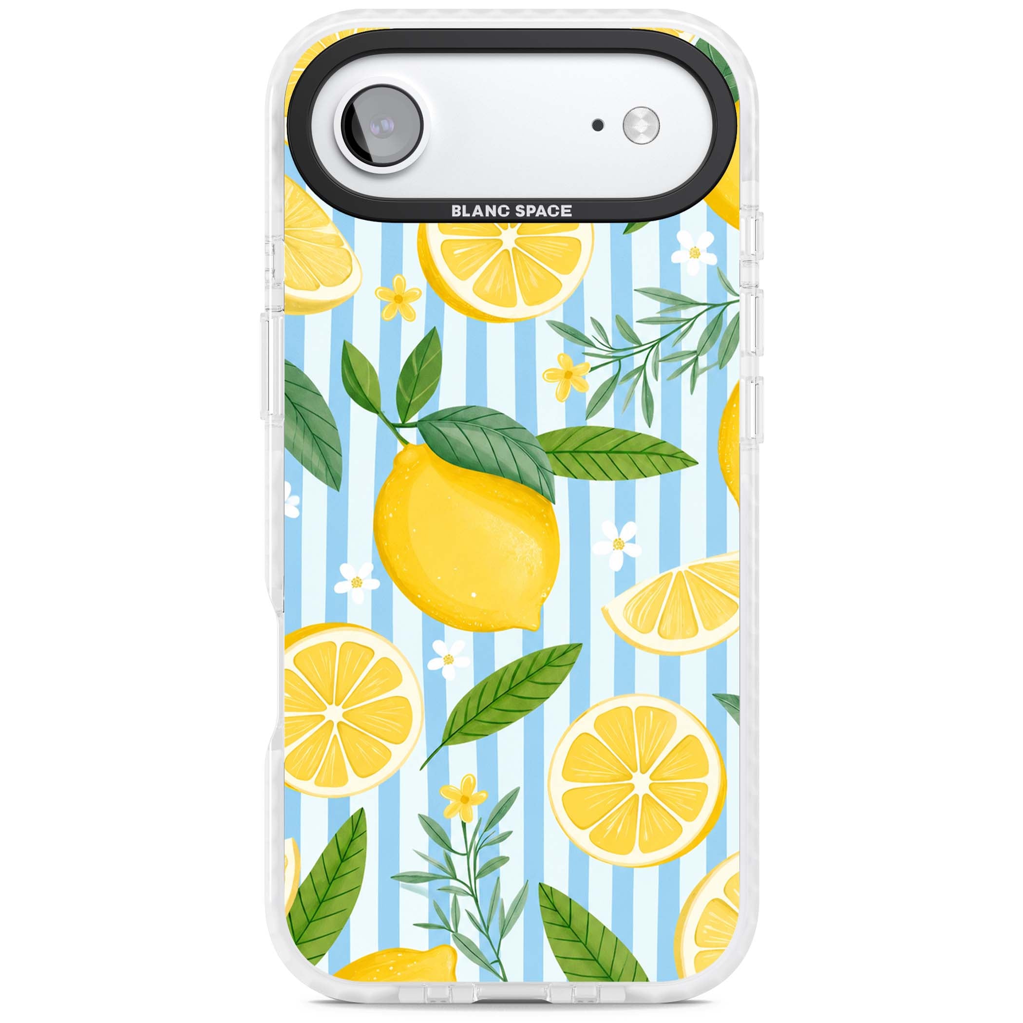 Capri Citrus Stripe coastal iPhone case featuring yellow lemons, blue stripes, and white daisy blossoms | Black Impact case for iPhone Air