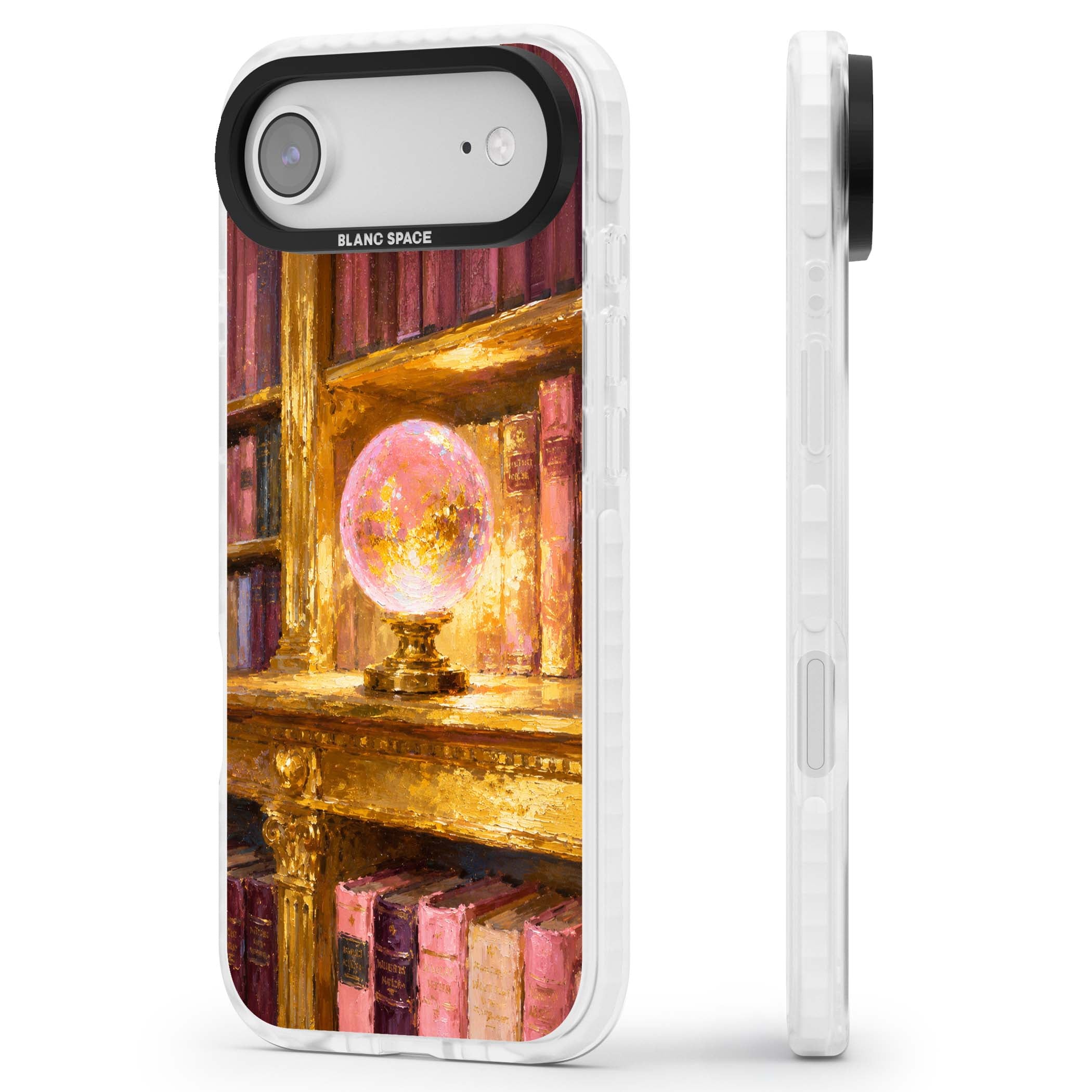 Gilded Library dark academia iPhone case featuring an oil painted crystal ball on a gilded library shelf with vintage | Black Impact case for iPhone Air