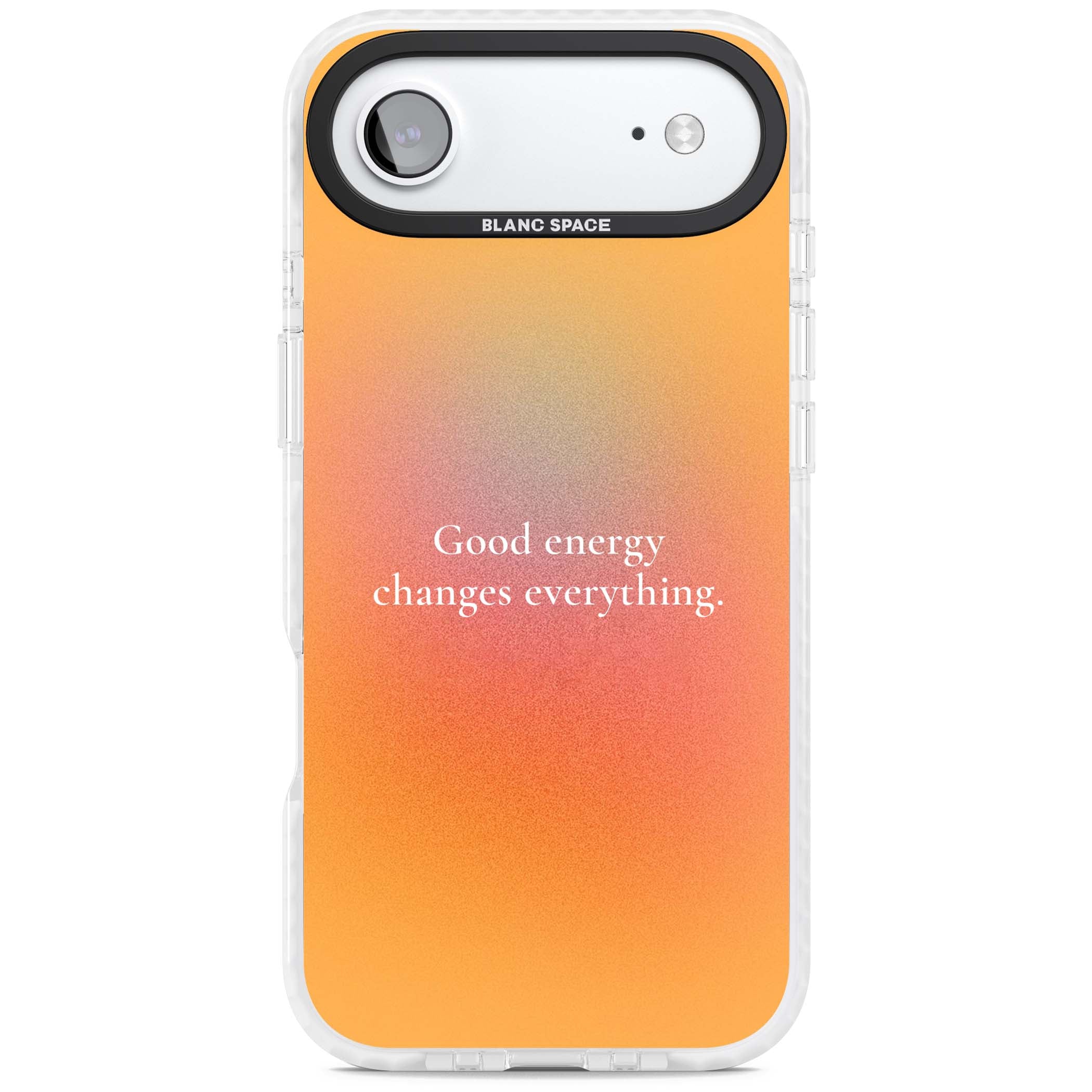 Good Energy quote iPhone case featuring an orange and pink aura gradient with white serif affirmation text | Impact Magsafe case for iPhone Air