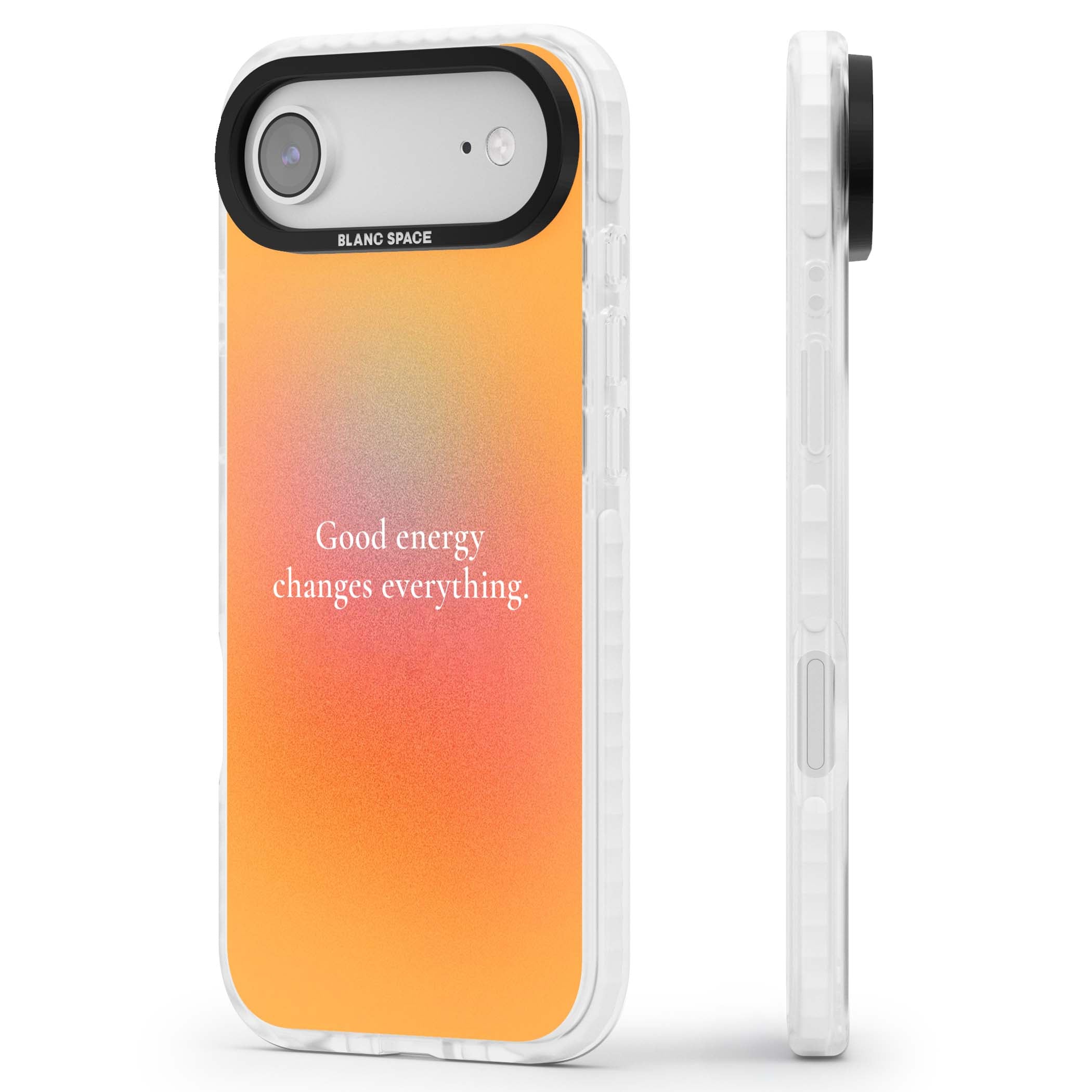 Good Energy quote iPhone case featuring an orange and pink aura gradient with white serif affirmation text | Impact Magsafe case for iPhone Air