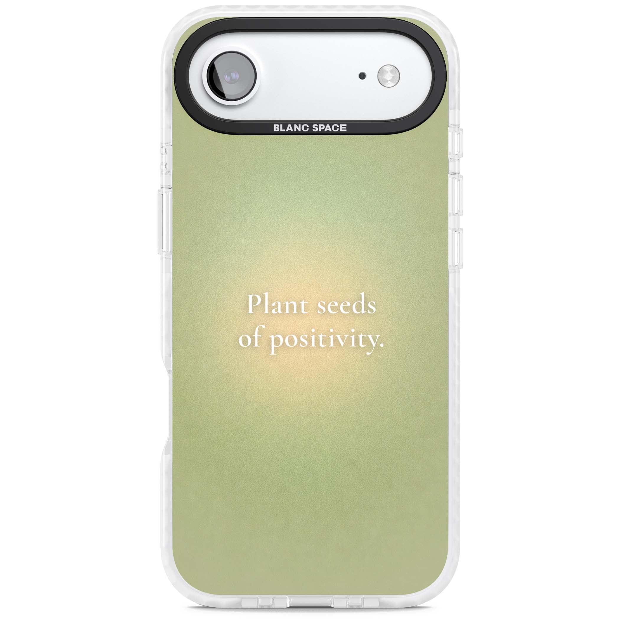 Seeds of Positivity quote iPhone case featuring a sage green aura gradient and golden glow affirmation | Impact Magsafe case for iPhone Air
