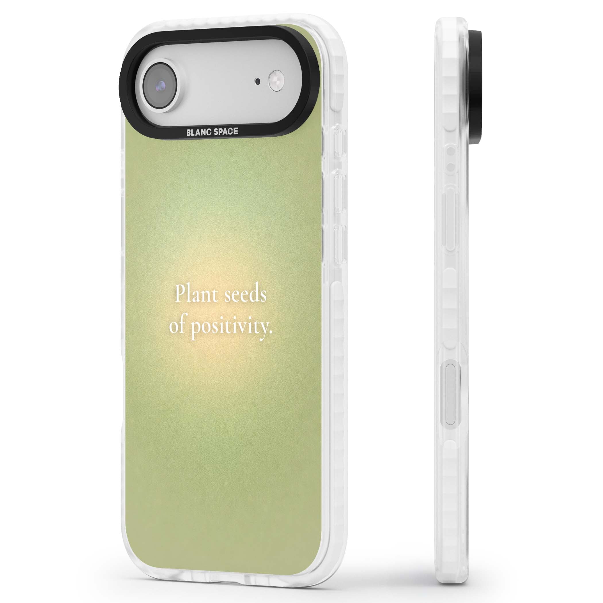 Seeds of Positivity quote iPhone case featuring a sage green aura gradient and golden glow affirmation | Impact Magsafe case for iPhone Air